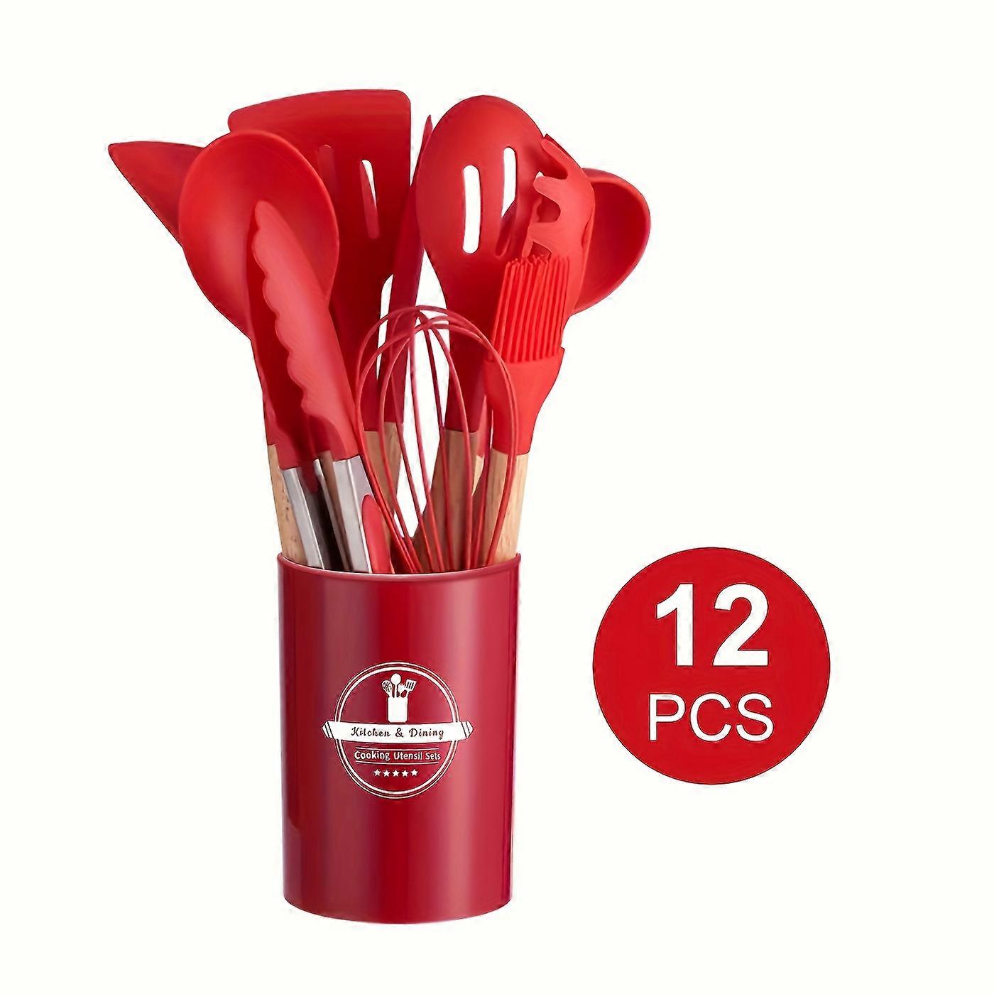 12pcs/set, Silicone Utensil Set, Kitchen Utensil Set, Safety Cooking Utensils Set, Non-Stick Cooking Utensils Set With Wooden Handle, Washable Modern