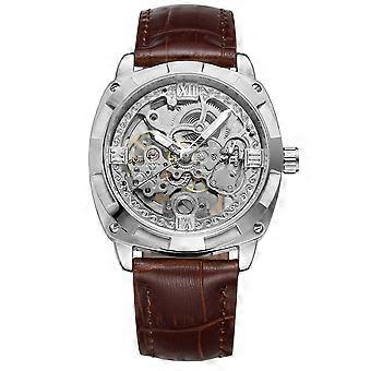 Modny automatyczny zegarek mechaniczny Pu Leather Strap Zegarek na rękę dla mężczyzny (srebrny brązowy)