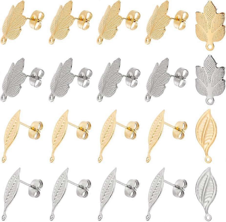 40Pcs 2 Style 2 Colors 304 Stainless Steel Stud Earring Findings with Horizontal Loops and Ear Nuts Leaf Shape Metal Hypoallergenic Earrings for DIY E