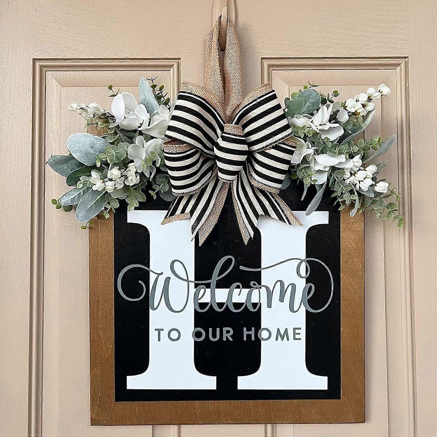 Ghirlanda della porta d'ingresso, ghirlanda della fattoria con ghirlanda di eucalipto e arco, 16 pollici Segno di benvenuto del cognome per il portico della porta d'ingresso Tutte le stagioni appendiabiti Home Decor (H)