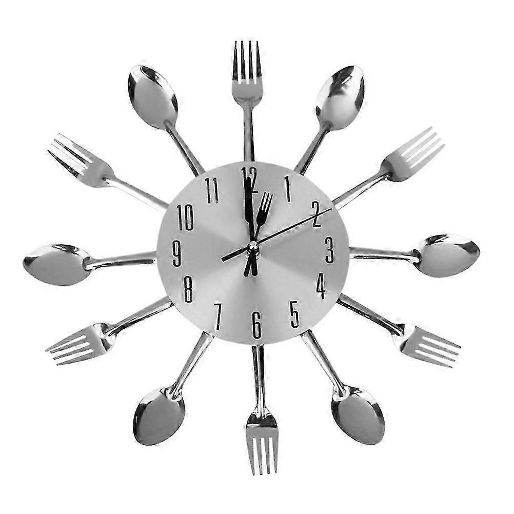 Spoon Fork Wall Clock for Kitchen Dining Room Decoration (Silver)