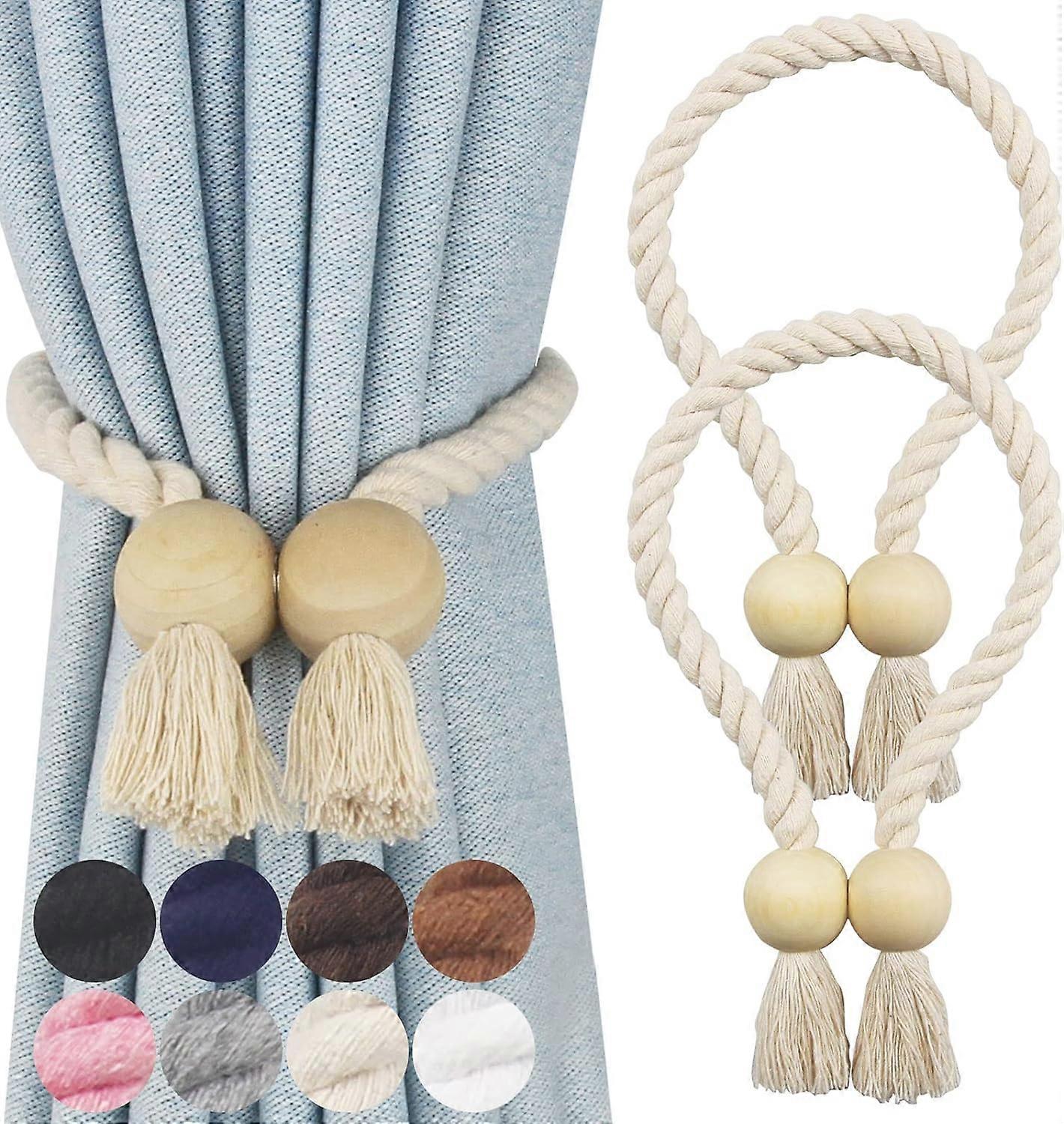 2 Pack Magnetic Curtain Tiebacks Cotton Hand Woven Tie Back Decorative Rope Holdbacks for Curtains Draperies No Tools Required, Beige