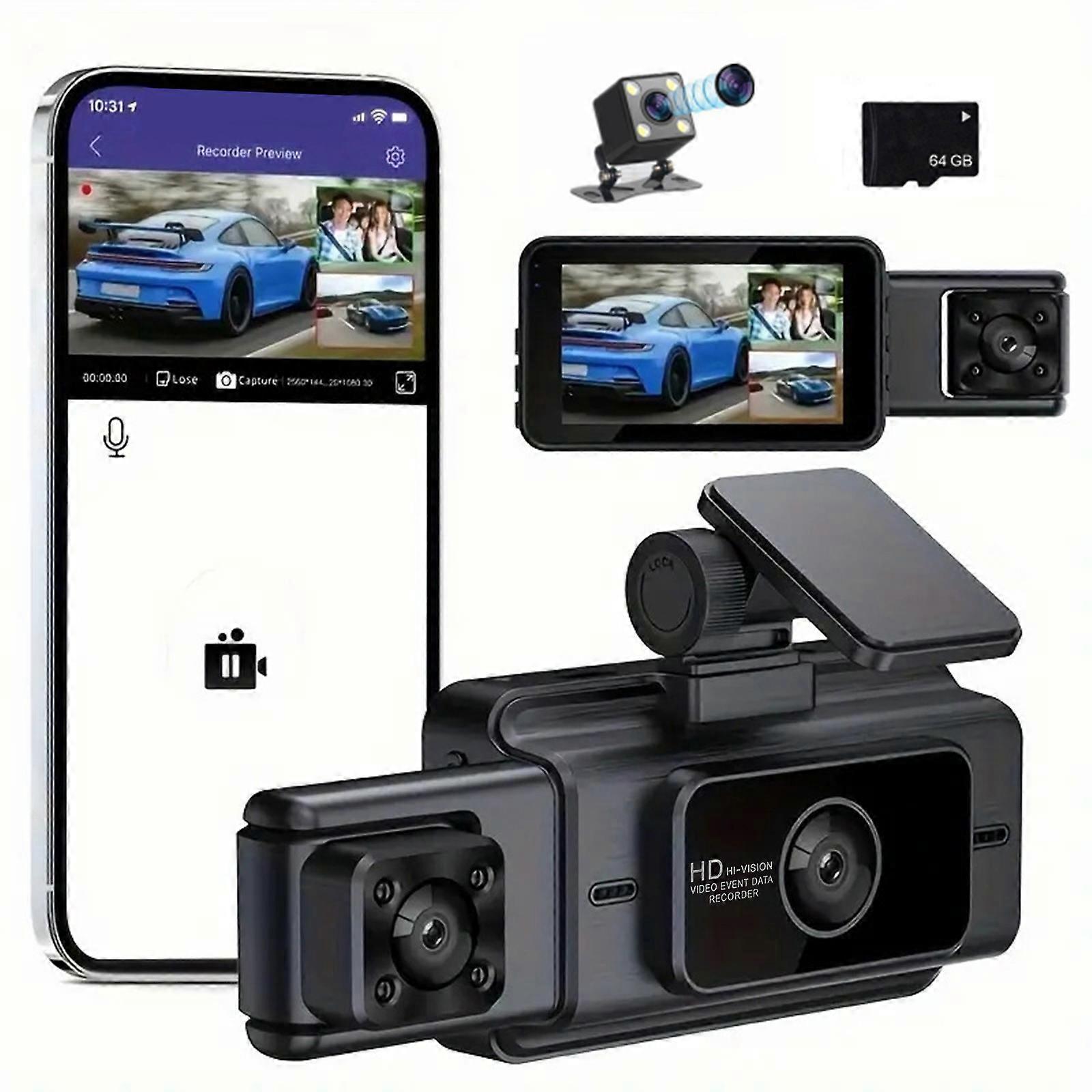 Tre Registratori Dash Cam Anteriori Interni Posteriori 1080P Registratore Di Guida Per Auto IR Visione Notturna Telecamera Per Auto APP Controllo WiFi Induzione Gravitazionale Con Auto 64G