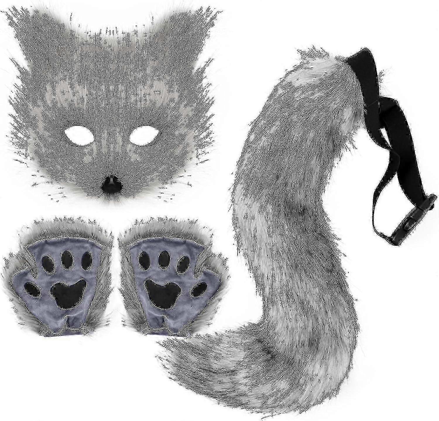 フェイクファーフォックステールキャットウルフコスプレコスチュームセットぬいぐるみマスクふわふわ足手袋ハロウィンクリスマス
