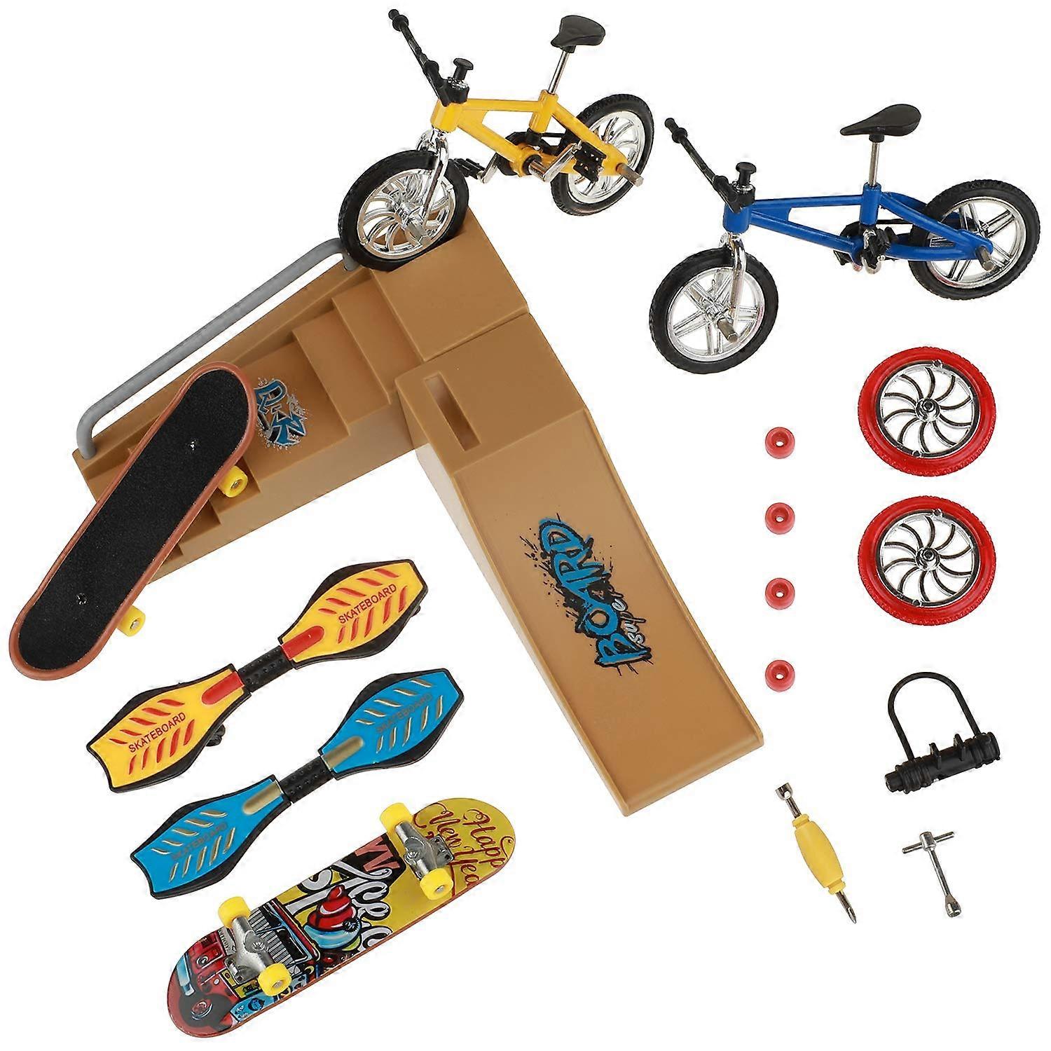 Skate Park Kit, Mini Fingerboards Skateboards Finger Bikes with Replacement Wheels and Tools