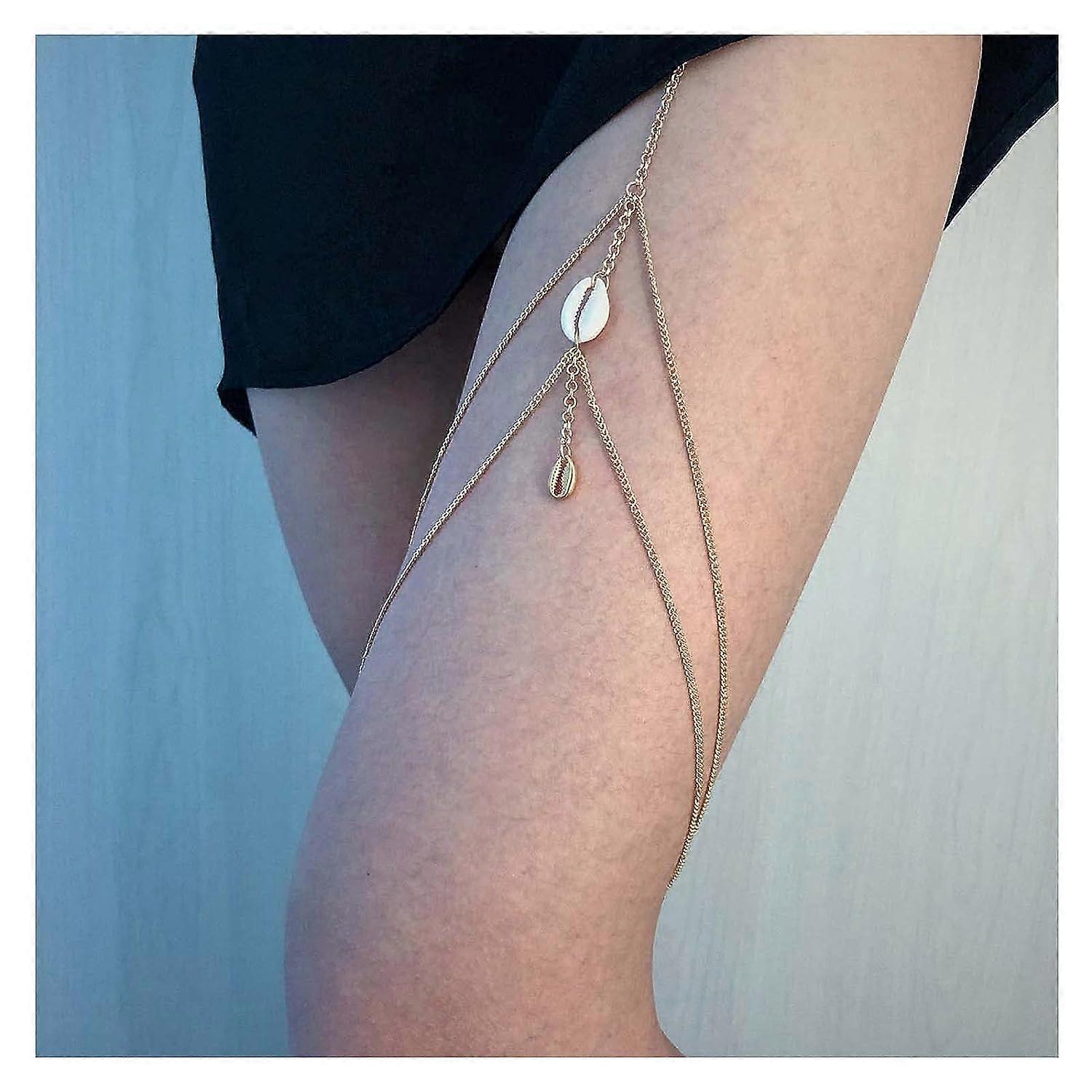 Bohemia Layered Shell Leg Chain Thigh Chain Gold Thigh Chain Vintage Seashell Thigh Chain Body Chain Beach Shell Pendant Body Chain Leg(Gold)