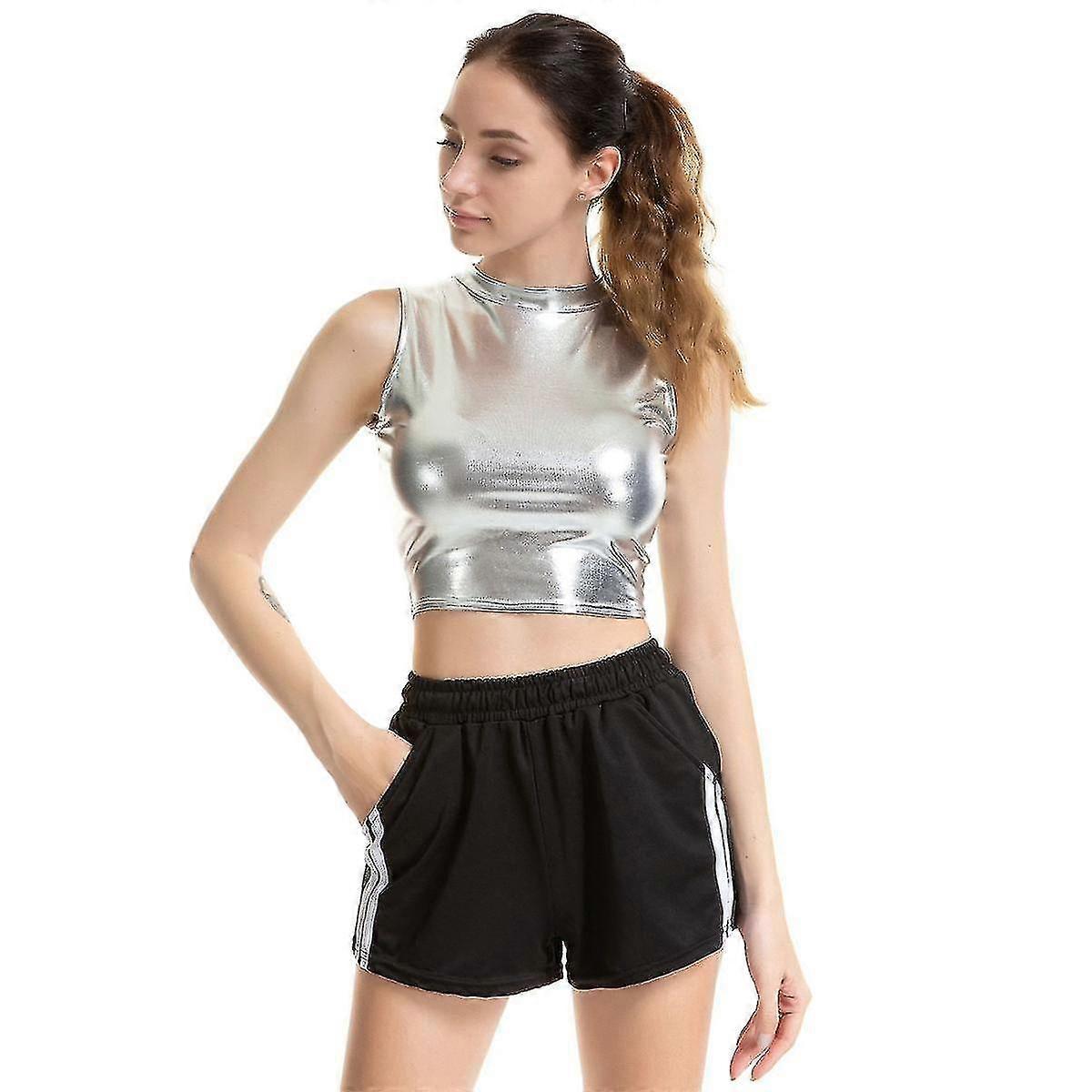 Kvinner Metallic Tank Topper Shiny Crop Top For Dancing