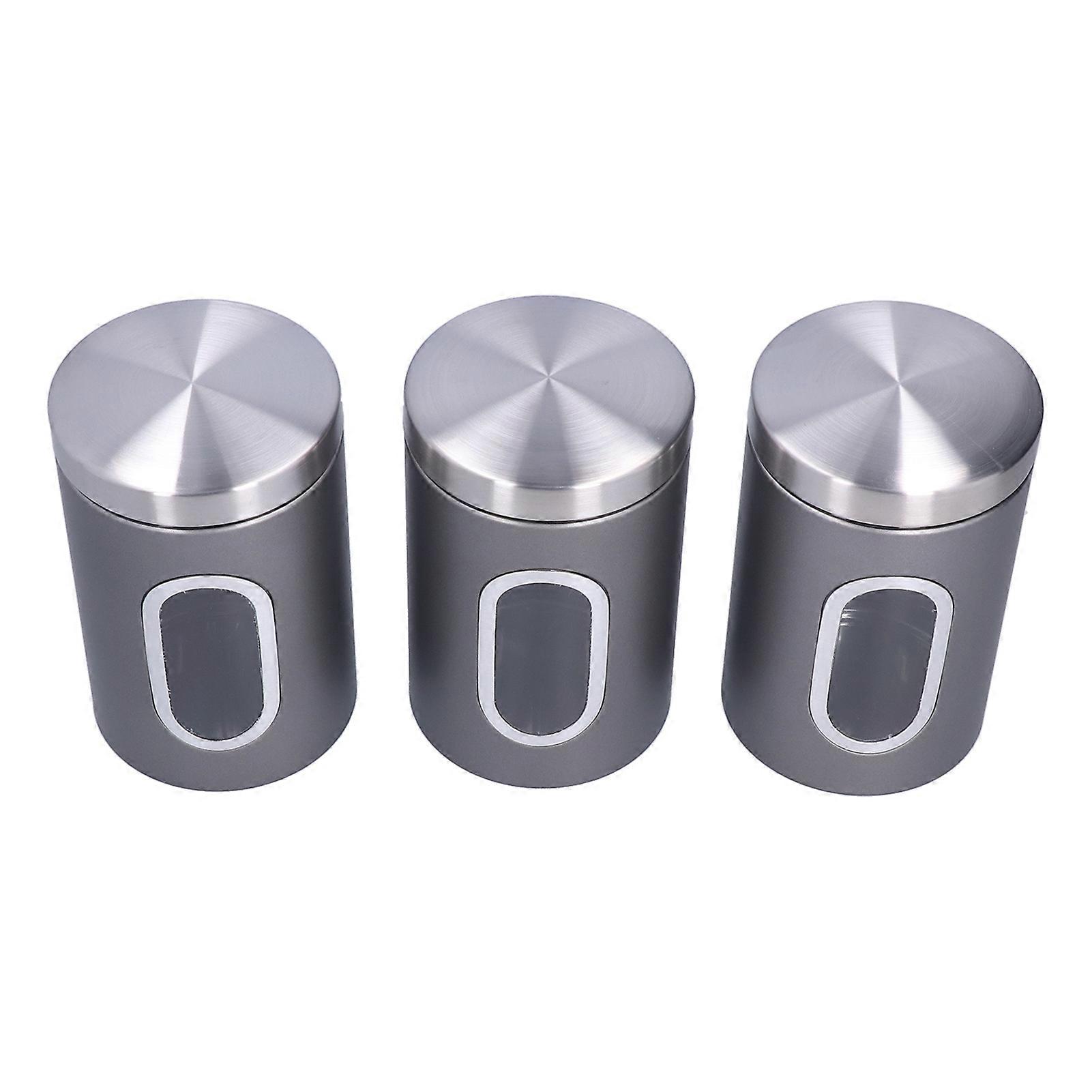 Grey Stainless Steel Food Storage Jar Set of 3 with Window - Durable Large Capacity for Tea Nuts - Kitchen Organizer