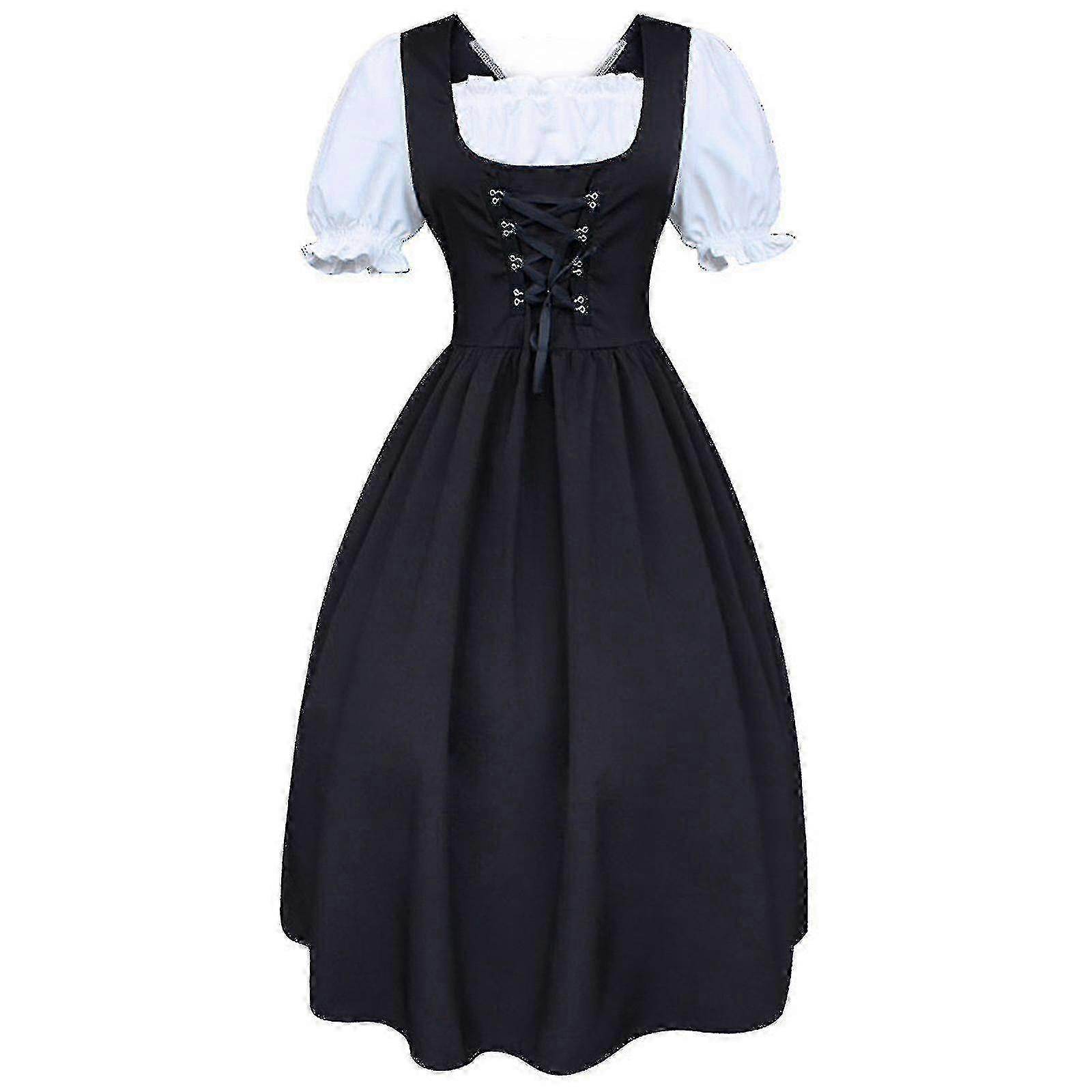 Women's Midi Dirndl Dress 2-pieces With Apron And Blouse Black White V