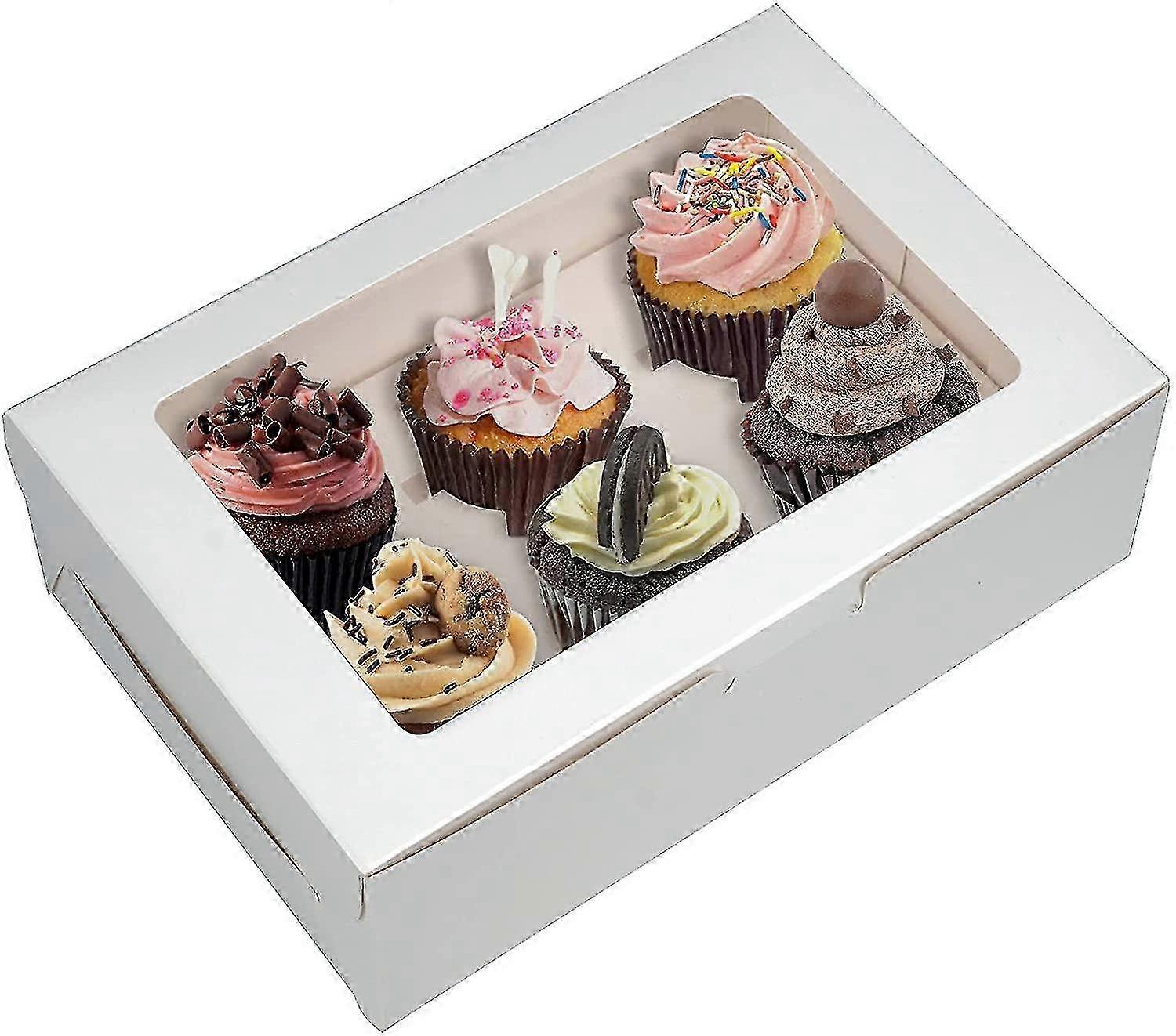 Pack Of 10 X 6 Hole Cupcake Boxes, White Bakery Boxes With Window And Inserts