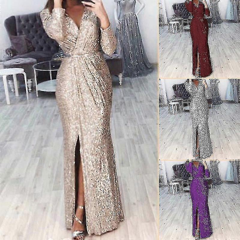 Women Deep V Neck Sequin Dress With Slit Long Sleeve Club Party Evening Dress For Women Lady New-MXBC