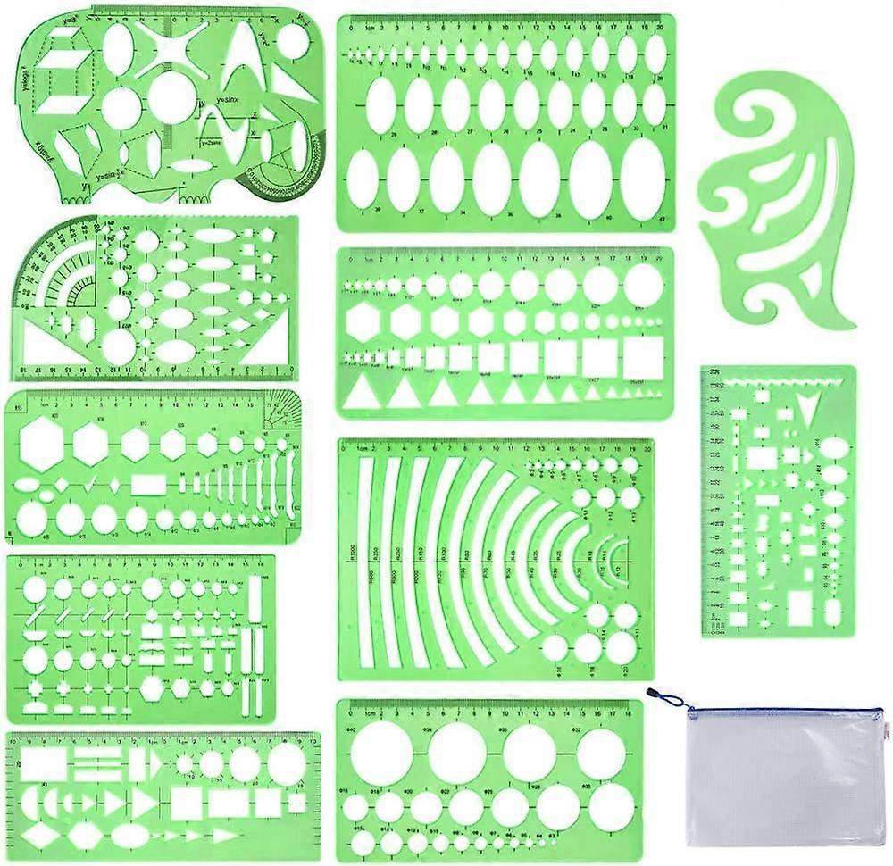 11pcs Geometry Drawing Template Die Plastic Measuring Template Ruler Clear Green