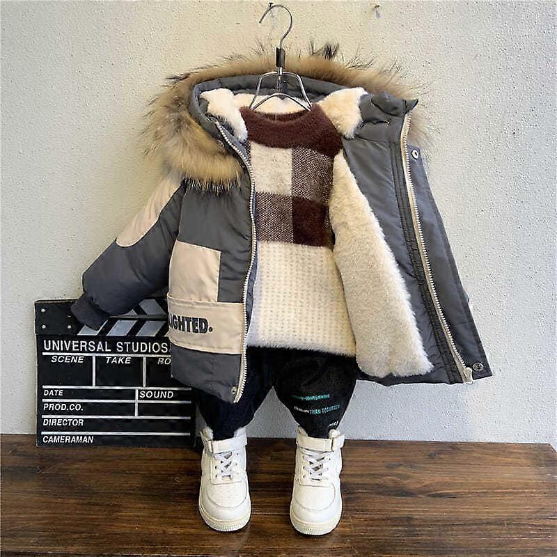 Winter boys coat 2023 new baby Fur collar hooded cotton plus