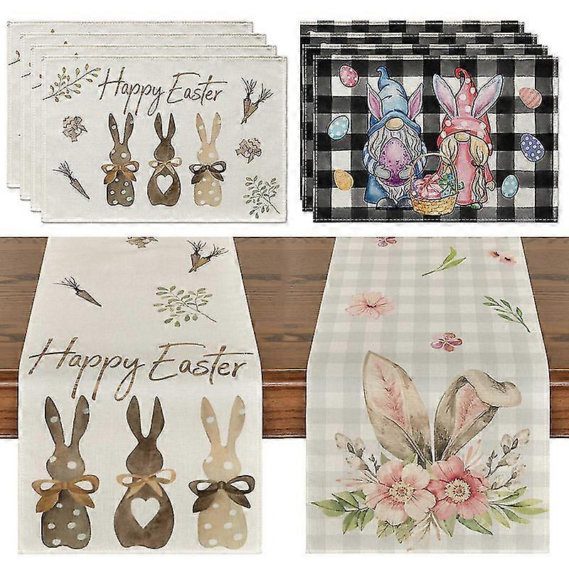 Easter Bunny Dining Table Runner Gnome Rabbit Wedding Decor Anti-stain Rectangular Tablemat Easter Placemat Table Decoration