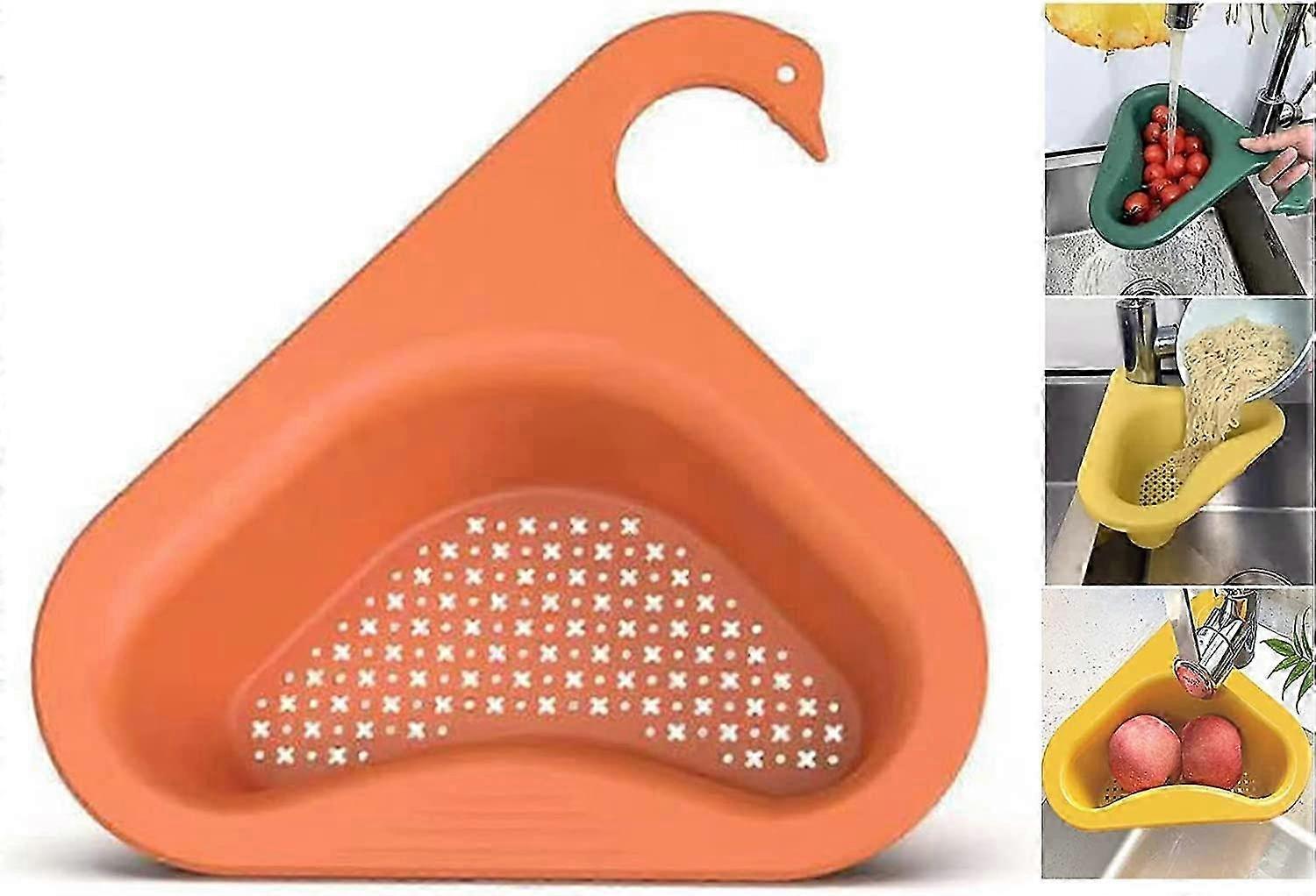 (Orange)thickened triangle sink rack, swan-shaped sink strainer basket, kitchen drainer storage rack for fruits, vegetables, garbage, leftovers