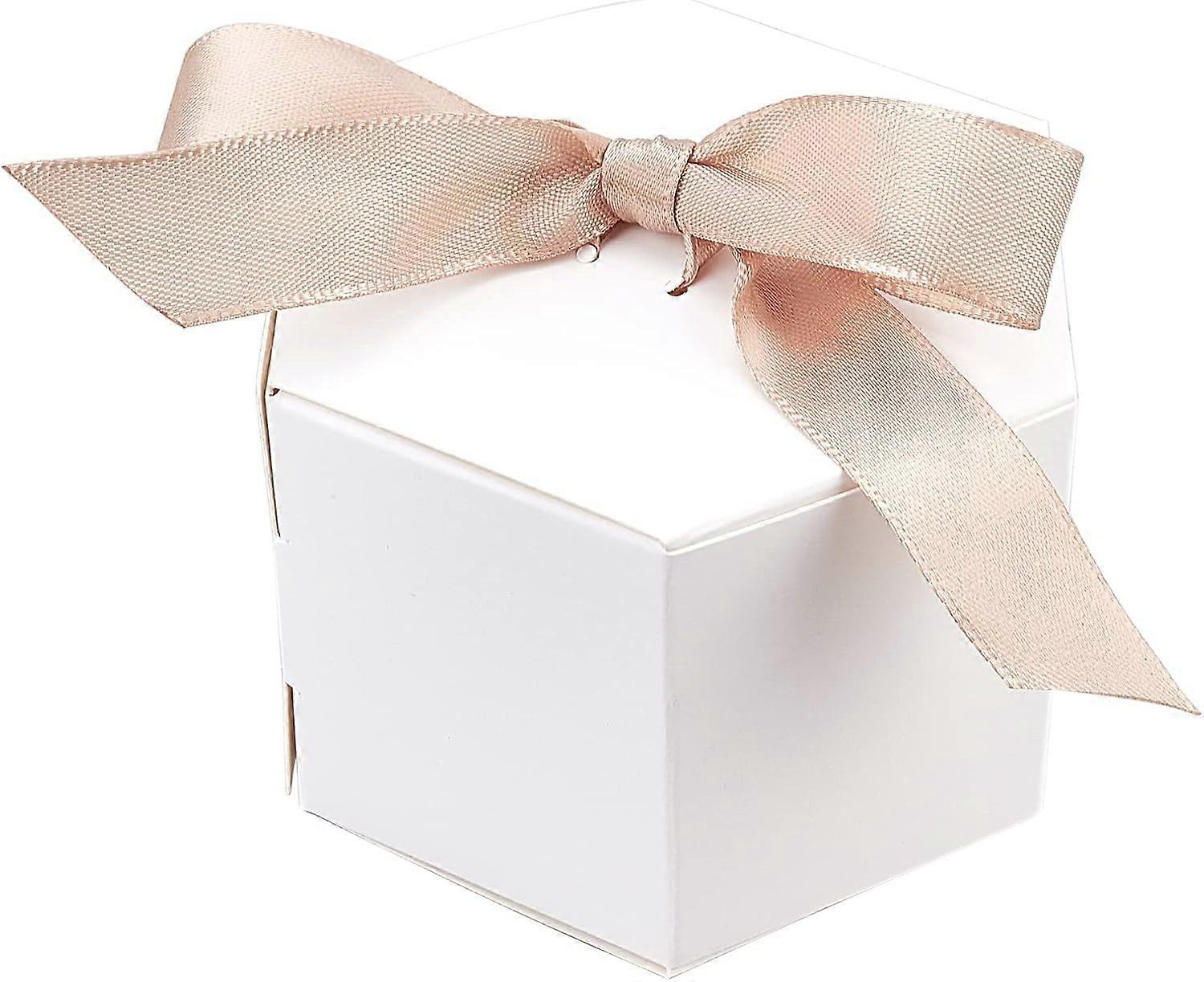 30 Pcs Hexagonal Paper Favor Boxes with Polyester Ribbon (White 3x3x2 Inch) Chocolate Candy Paper Gift Boxes Paper Jewelry Box for Bridal Shower Anniv