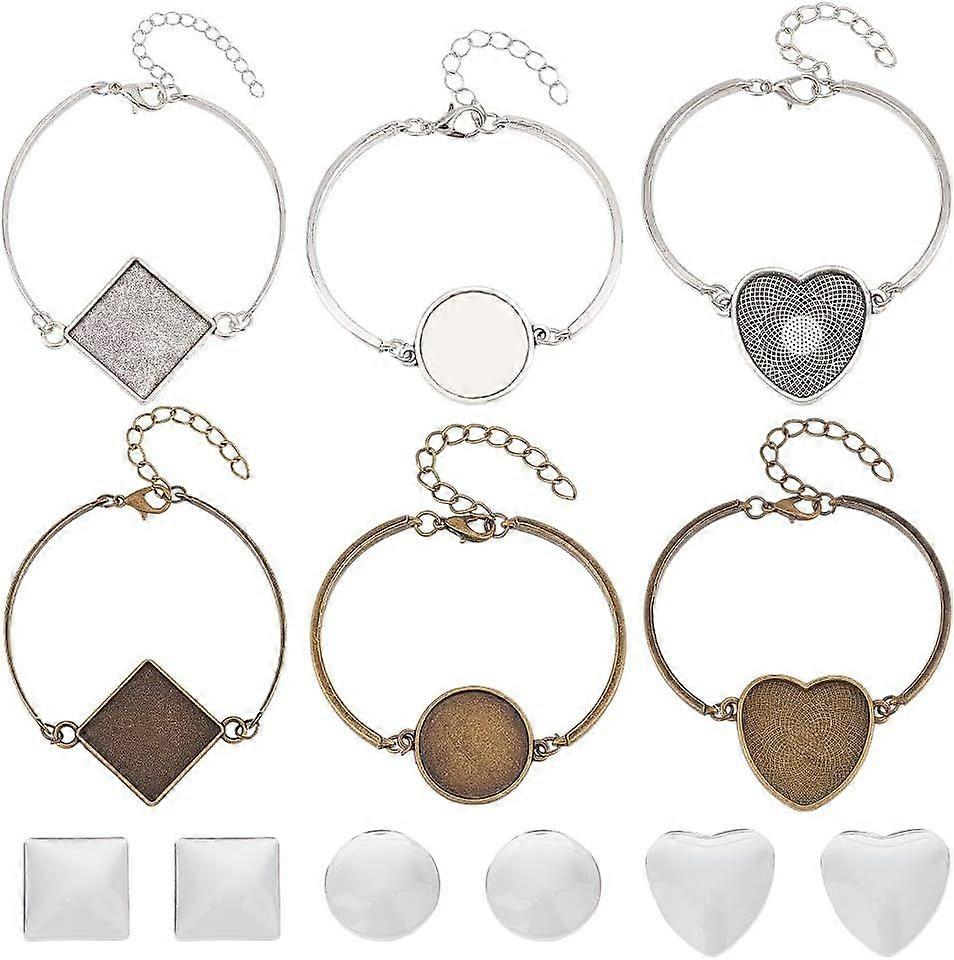 18 Sets 6 Styles Adjustable Bracelet Bezel Settings Kit Heart Square Half Round Alloy Blank Tray Bracelet with Glass Cabochons DIY Photo Bracelet for