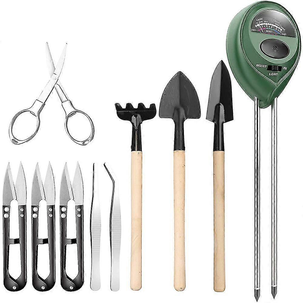 9 Pcs Bonsai Tools With Soil Moisture Meter, 3-in-1 Moisture Sensor/sunlight/ph, Include Pruner, Folding Scissors, Mini Rake, Bud Leaf Trimmer Set