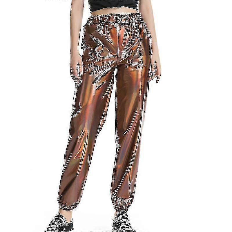 Dambyxor med hög midja, casual sommar, loungekläder, metallic-byxor