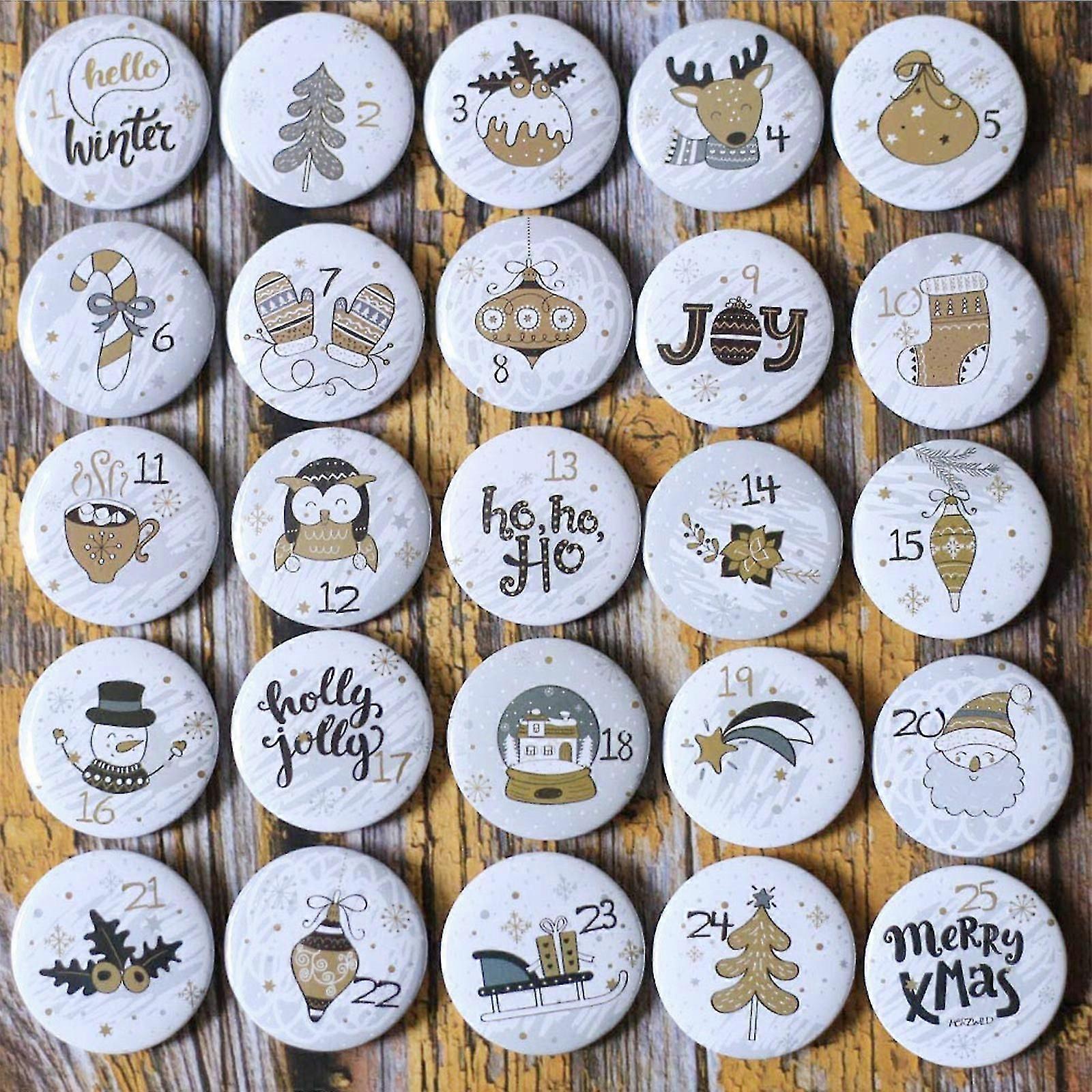 Advent Calendar 24/ 25pcs Christmas Brooch, Christmas Badges Buttons Pins With Numbers For Diy Christmas Countdown Calendar Jute Bags