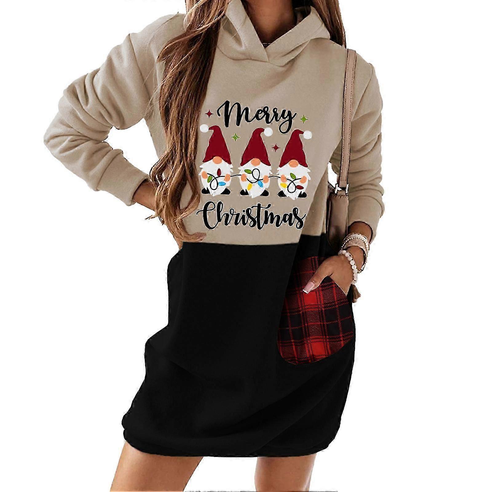 هوديس فستان كريسماس طباعة كتلة الألوان مع جيب جانبي كم طويل فضفاض عارضة ياقة مستديرة هوديي اللباس