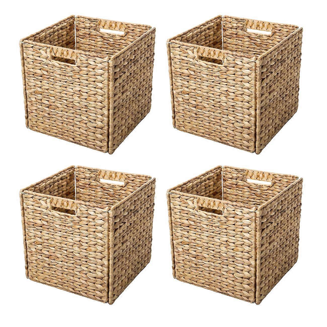 Foldable Hyacinth Storage Baskets Set of 4 with Iron Wire Frame for Home Organizing and Decorative Storage Solutions