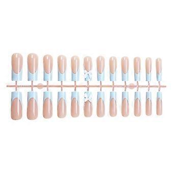 Lange Vierkante Nagels met Blauwe Tip Zoete & Charmante Herbruikbare Valse Nagels