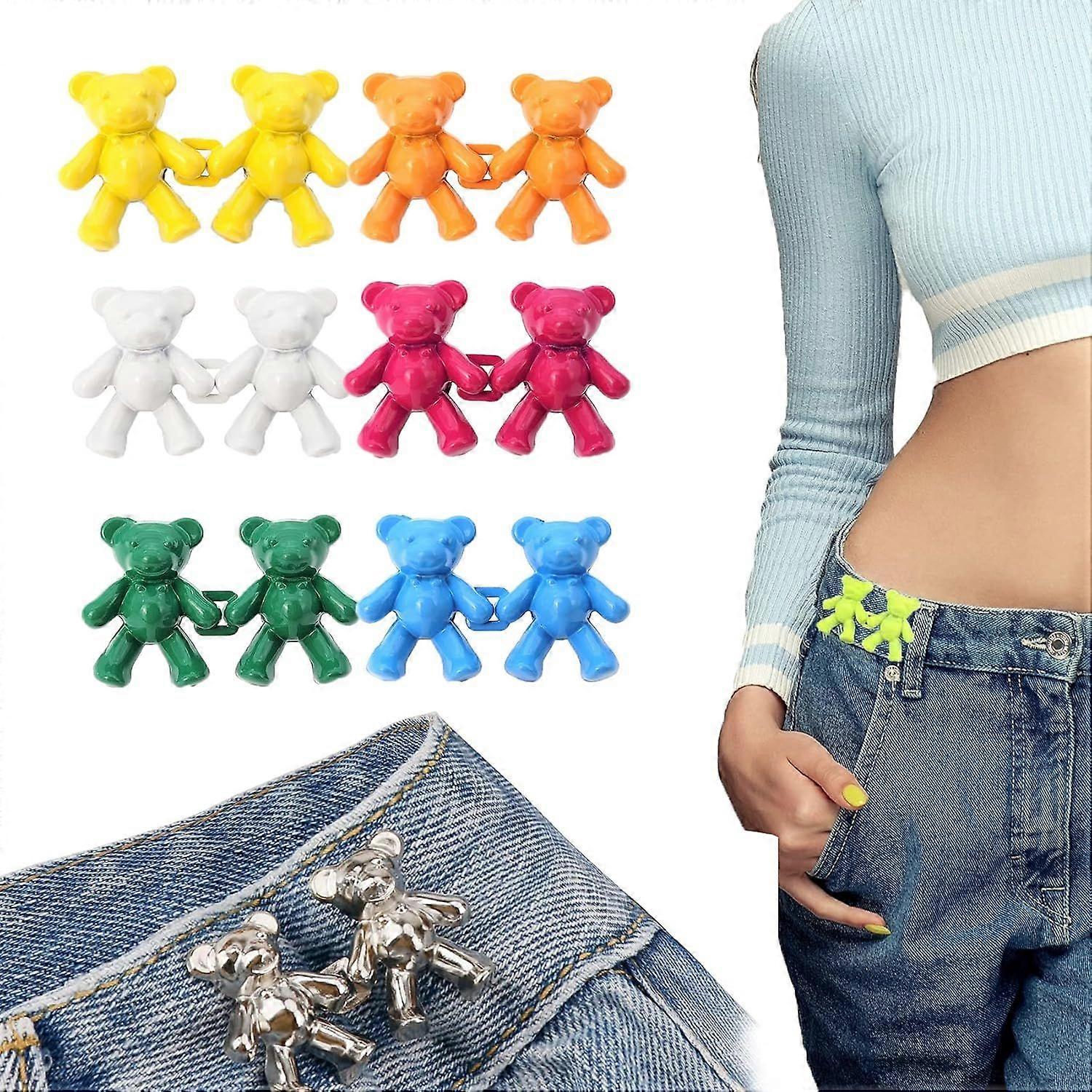 6 pcs Cute Bear No-Sew Waist Button, Easy Adjustable Waist Button for Pants, Skirts Jeans,Quick Simple Waistband Adjustment Tool