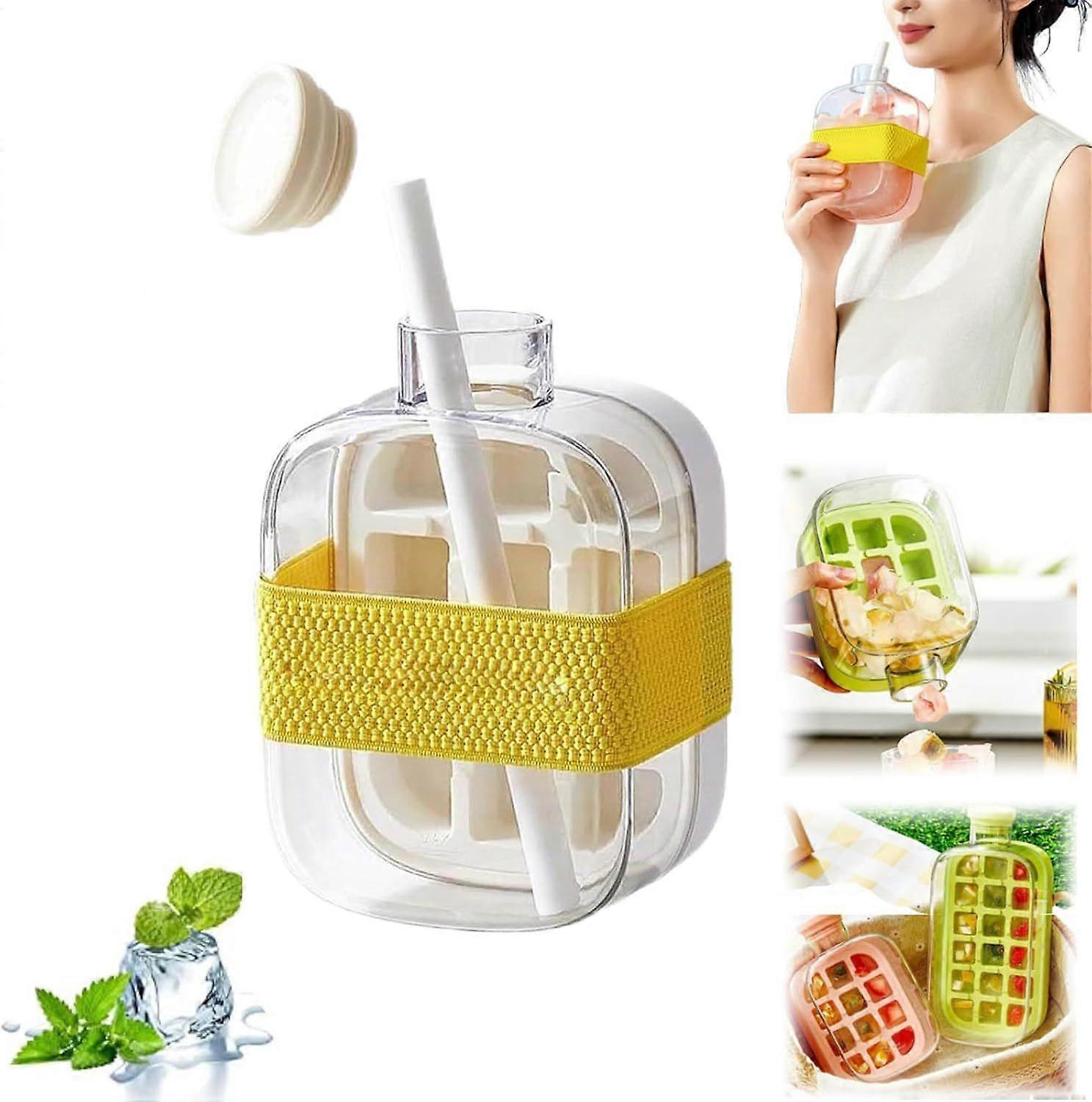 2 in 1 Ice Maker Ice Cube Tray & Water Bottle, Touch-Free Silicone Ice Cube Tray Cup with Straw
