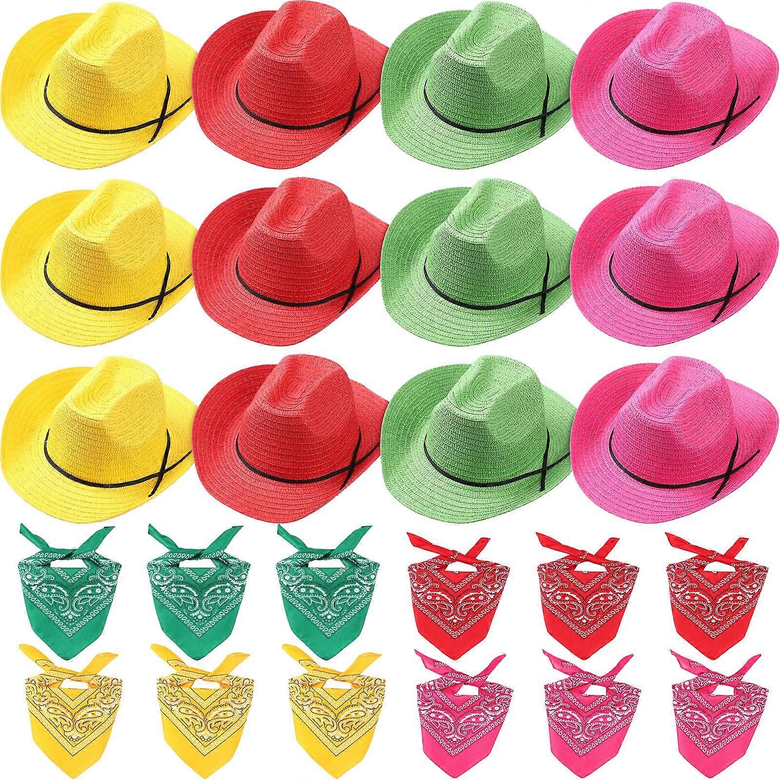 12 Set Straw Cowboy Caps and Bandanas for Western Party Costumes, Bright Color Classic Style Accessories for Kids and Adults