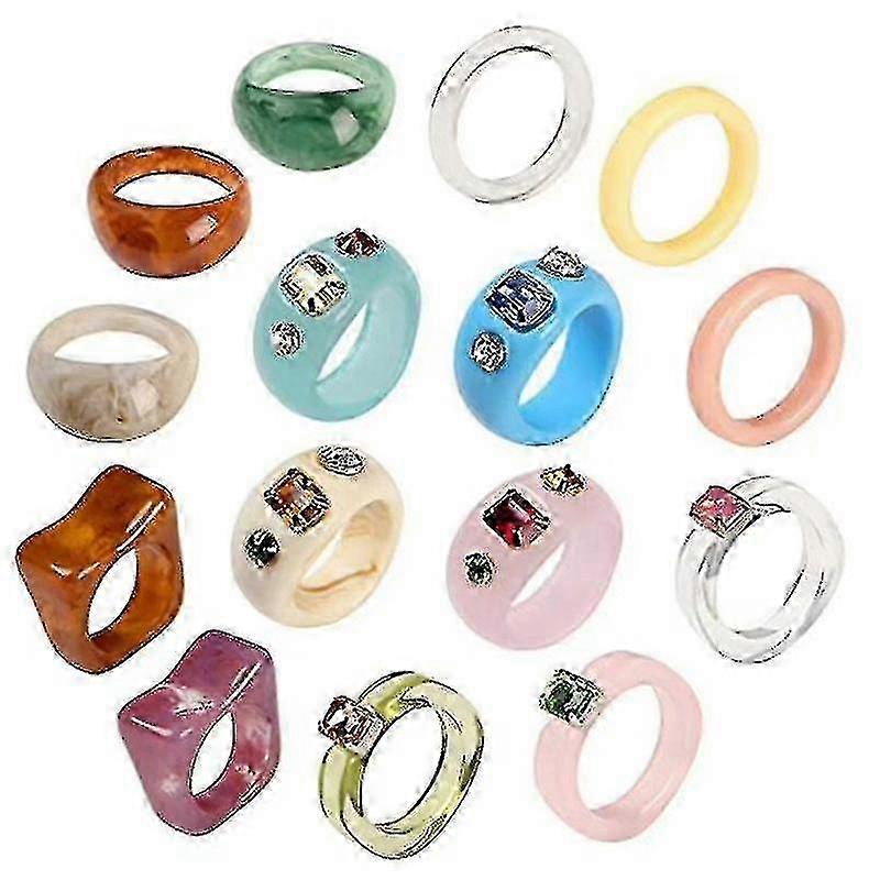 15pcs Resin Rings Acrylic Rhinestone Rings Plastic Square Gem Rings