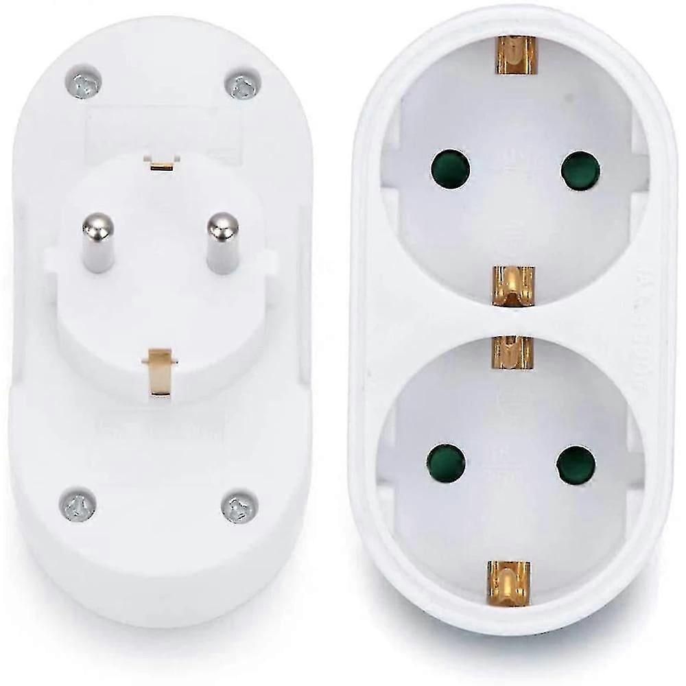 Horizontal Multi Plug Adapter with 2 EU Schuko Sockets, Double Outlet Wall Socket for Home & Travel