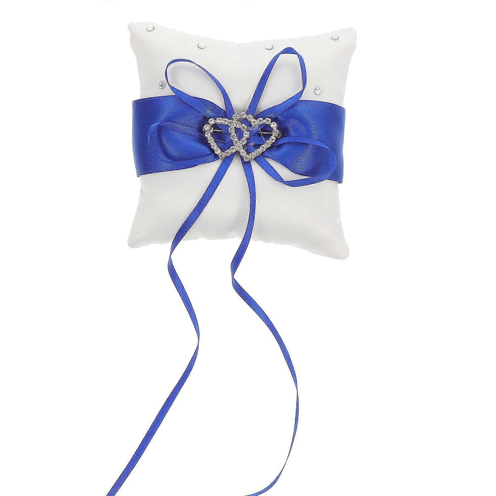 Romantic Double Heart Rhinestone Ring Pillow in Blue for Wedding Ceremony Decor, Engagement, and Proposal – Elegant Cushion for Ring Bearer