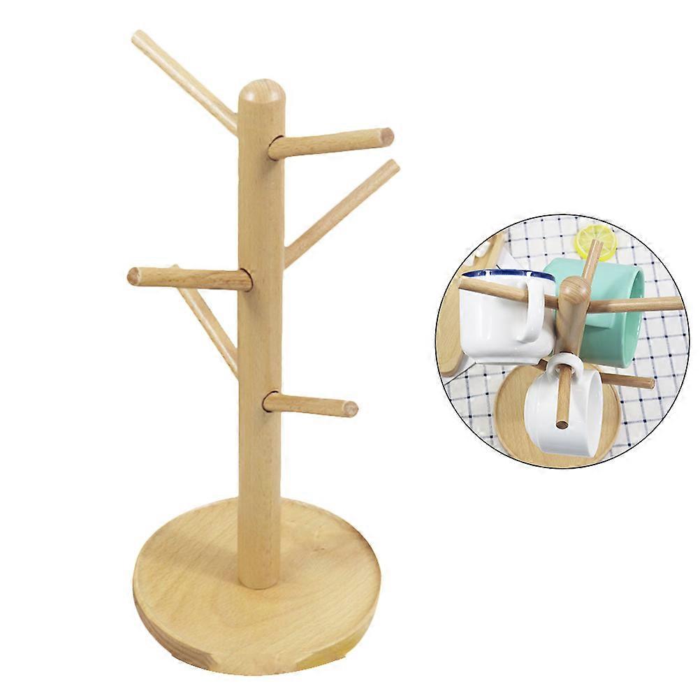 Wooden Mug Tree Solid Kitchen Cup Organizer with 6 Hooks for Storage and Drying 1Pc