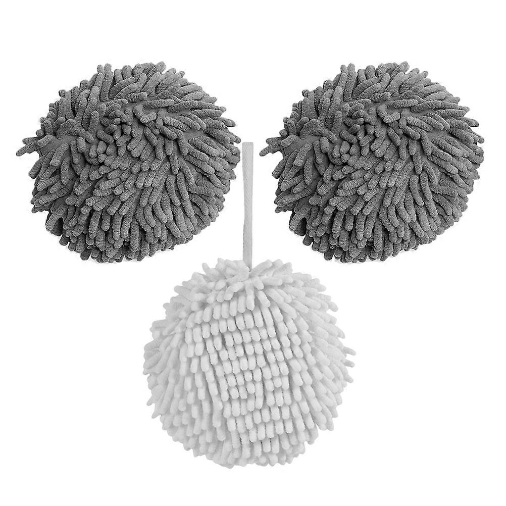 3pcs Hanging Chenille Hand Towels, Super Absorbent Fluffy Ball Design, Quick Drying Bathroom Kitchen Towels with Loop for Home Use, Gray White