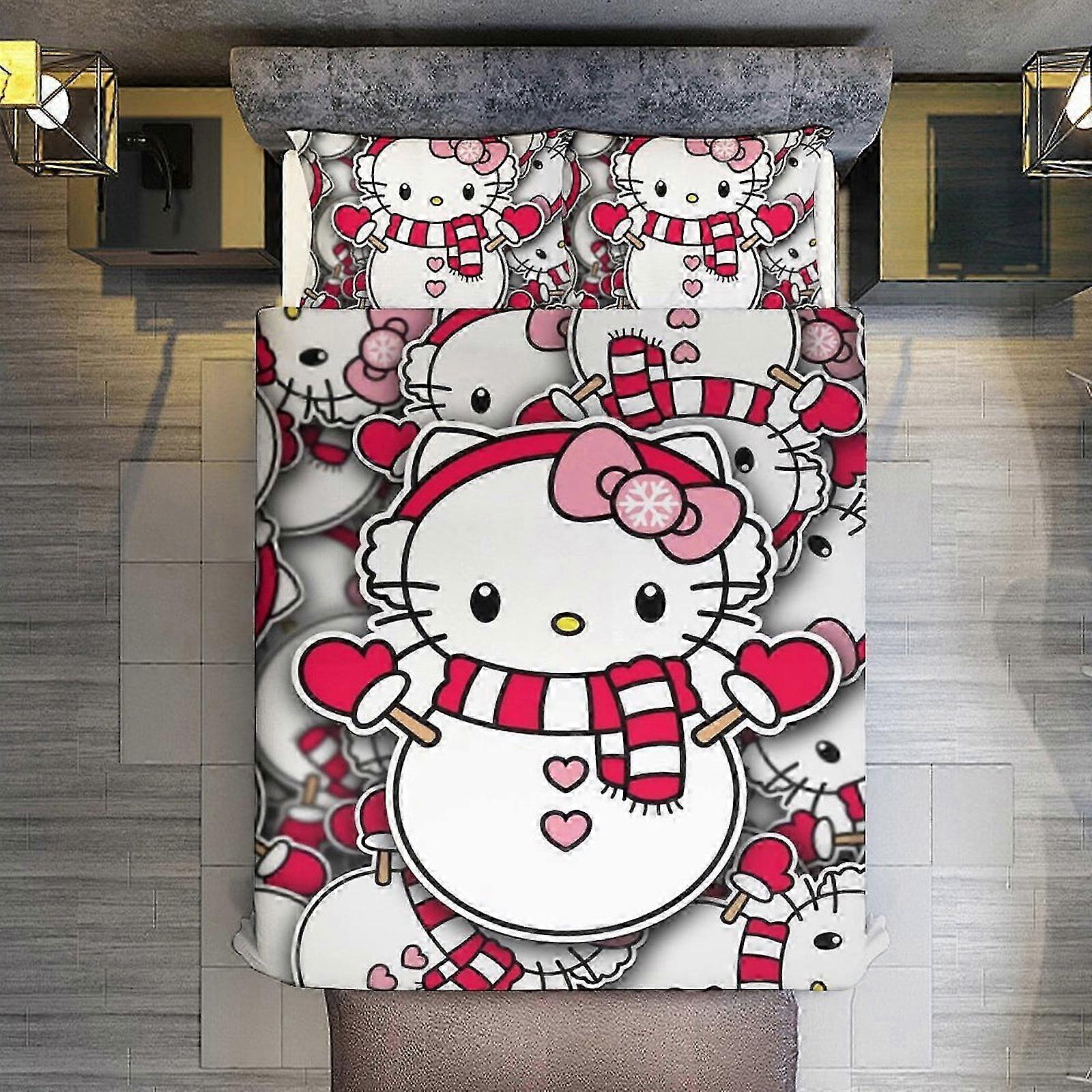 Bedding Set for Hello Kitty Snowman 3 Pieces Duvet Cover Set Full Size Super Soft Fade Resistant Microfiber 1 Cover with Zipper and 2 Pillow