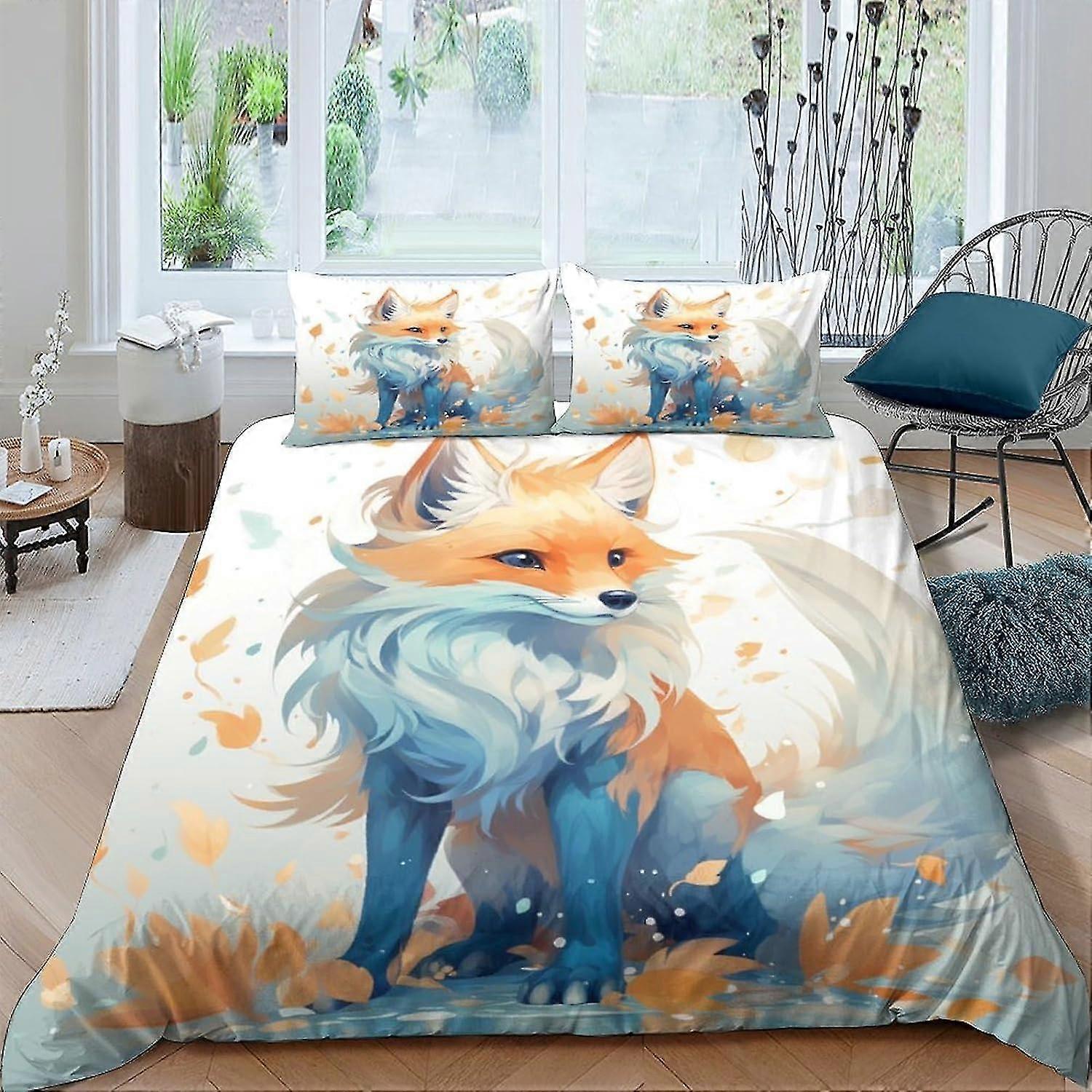 Conjunto de capa de edredom de raposa de 3 peças Colcha de cama impressa em 3D com fecho de zíper para adolescentes Roupa de cama dupla de microfibra ultra macia