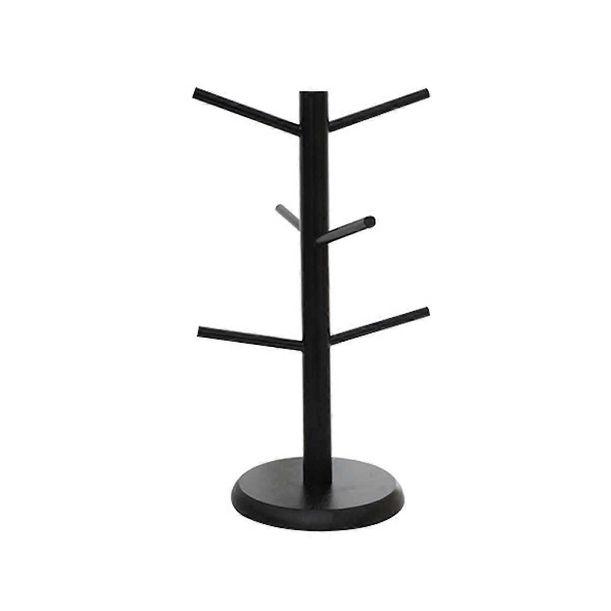 Bamboo Coffee Cup Holder with 6 Hooks, Thickened Base Black Mug Tree, Counter Storage Rack