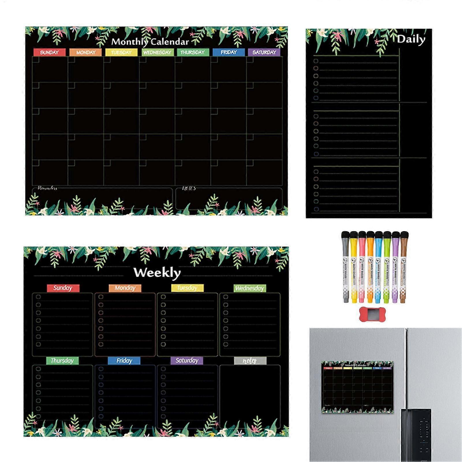 Magnetic Calendar for Refrigerator Set of 3 with Markers, Monthly Weekly Daily Planners in Black