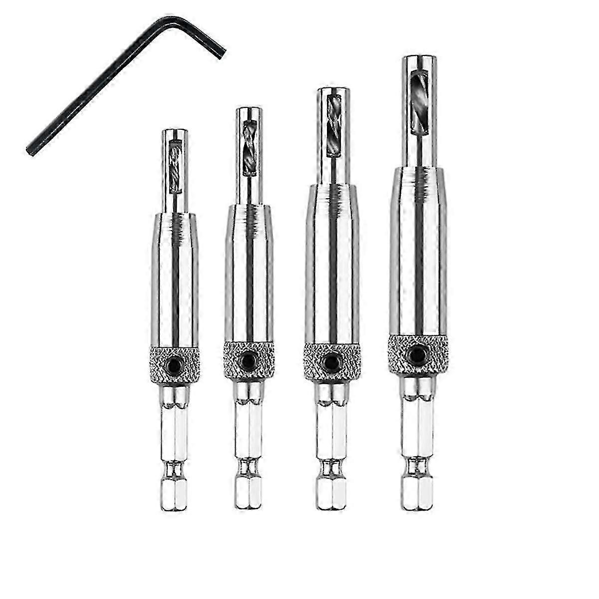 Self-Centering Hinge Drill Bits Set with Hex Key - HSS Drill Bits in 11/64, 9/64, 7/64, 5/64 Sizes for Precise Hinge Installation