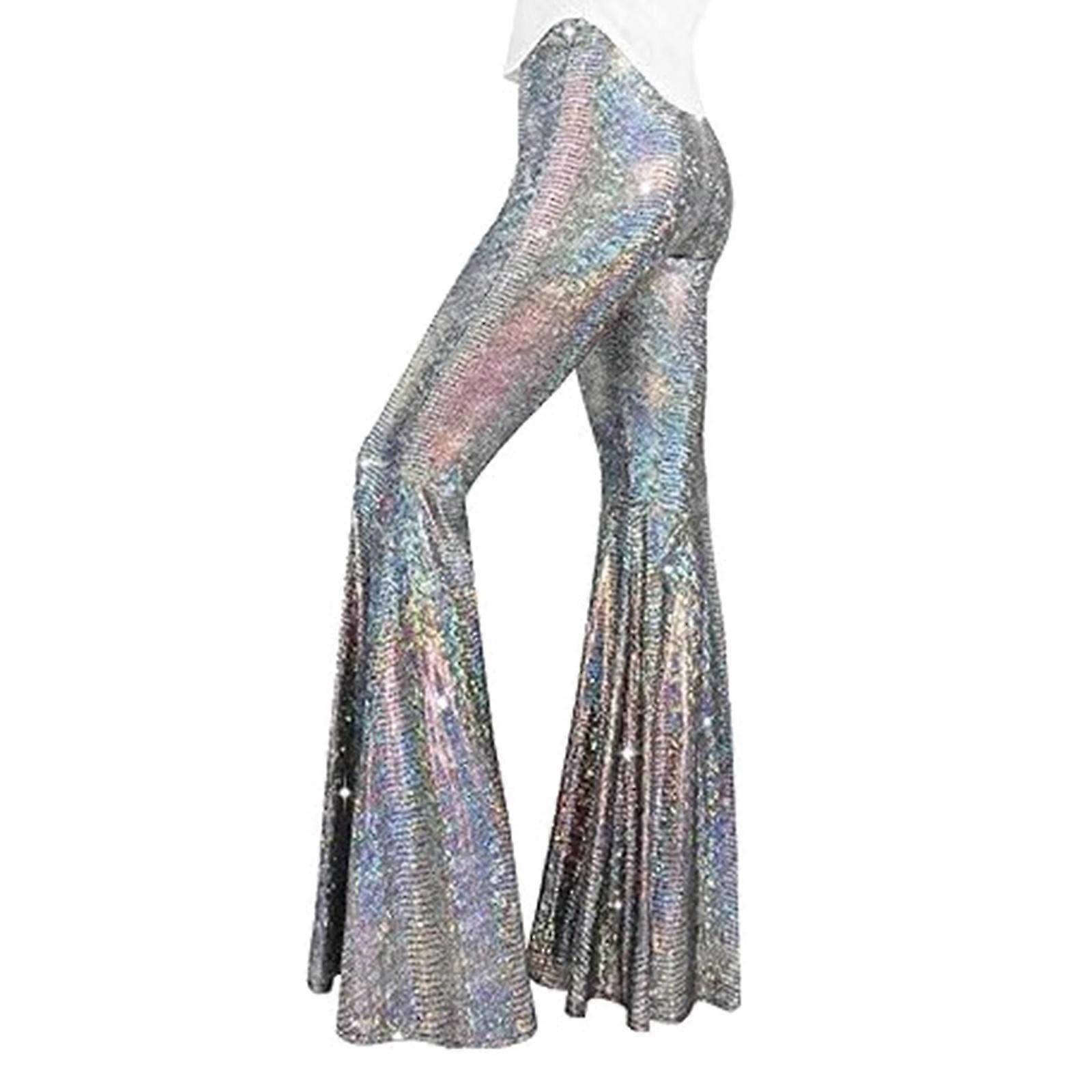 Womens Bells Bottom Sparkles Sequins Flares Pants Elastic High Waist Sequins Dance Pants Night Out Clubwear  XL Silver