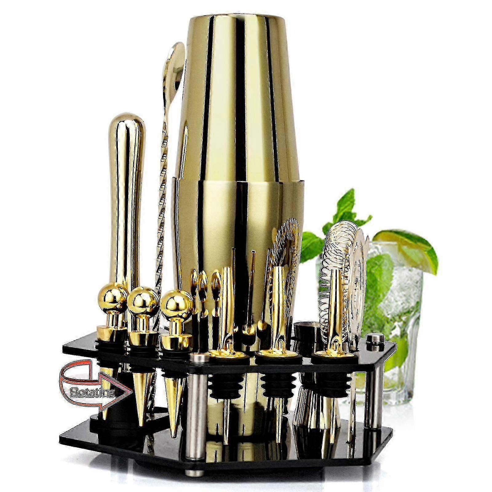 不锈钢调酒师鸡尾酒调酒工具 14 件亚克力旋转套装