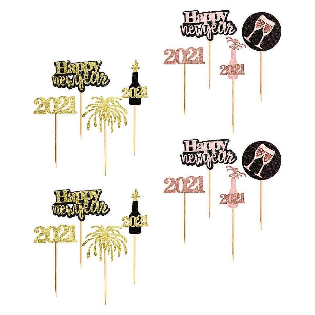 16Pcs Stylish 2021 Paper Cake Toppers Dessert Decorations for New Year Party