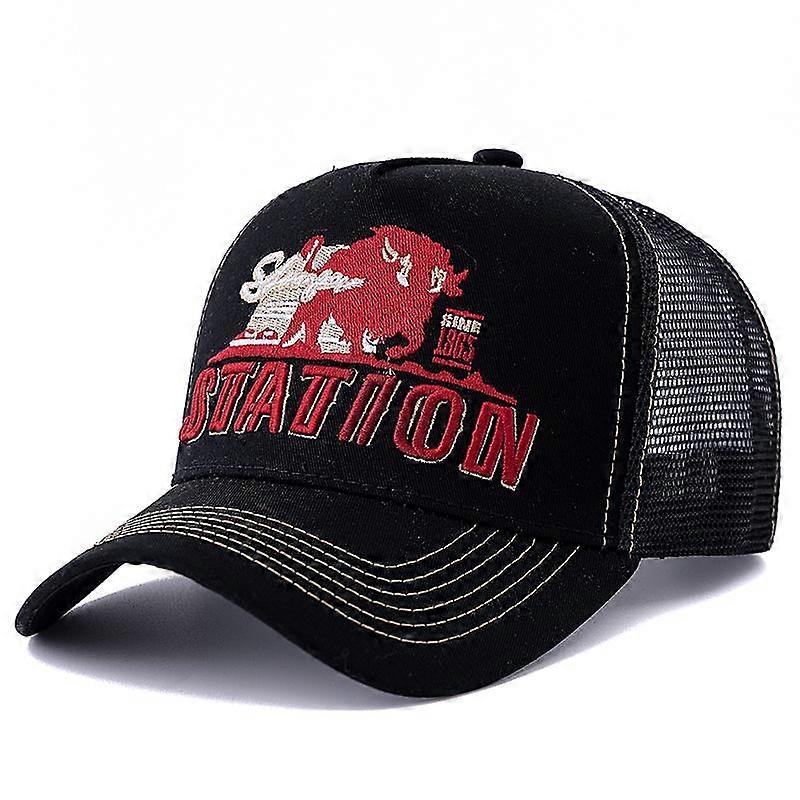 Unisex STATION Letter Summer Fishing Cap Breathable Mesh Trucker Hat Big Bison Bulls Embroidered Snapback Hat