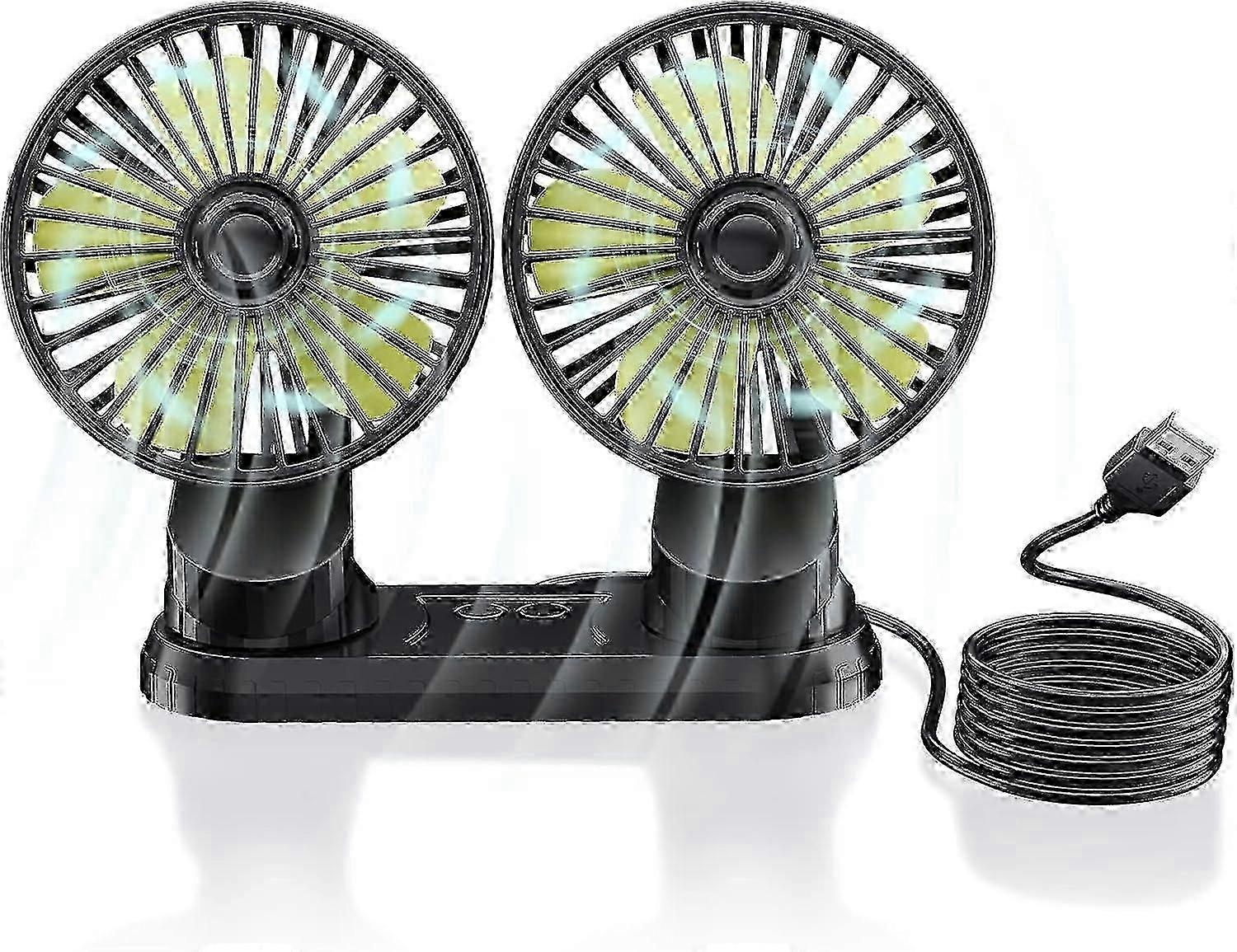 12V Dual Head Car Fan, Portable USB Vehicle Fan, 360 Degree Rotation, Desk Fan with 3 Powerful Speeds
