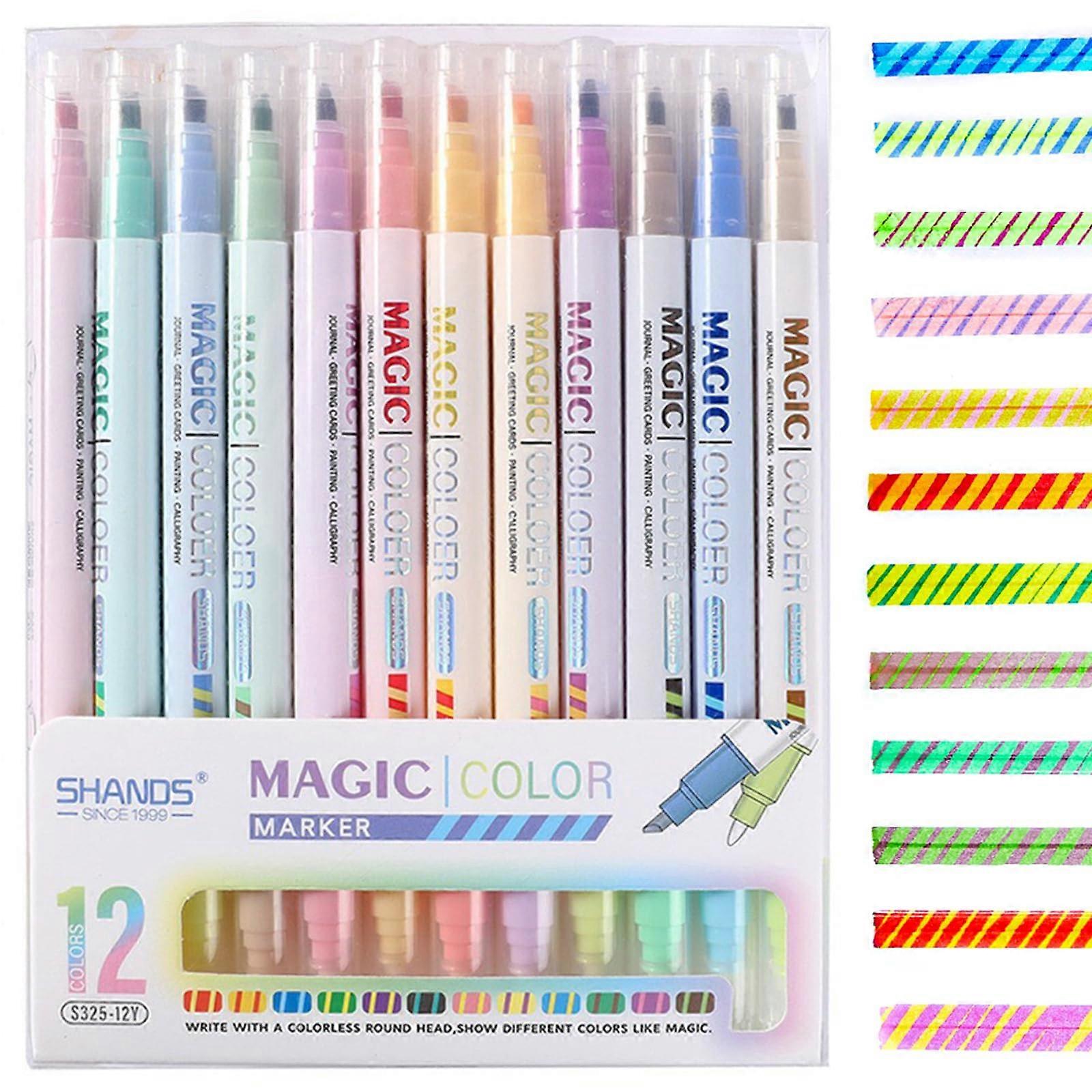 Highlighter Pens Set, 12 Color Changing Double Head Smooth Writing Markers for School Office Use, Acrylic Material