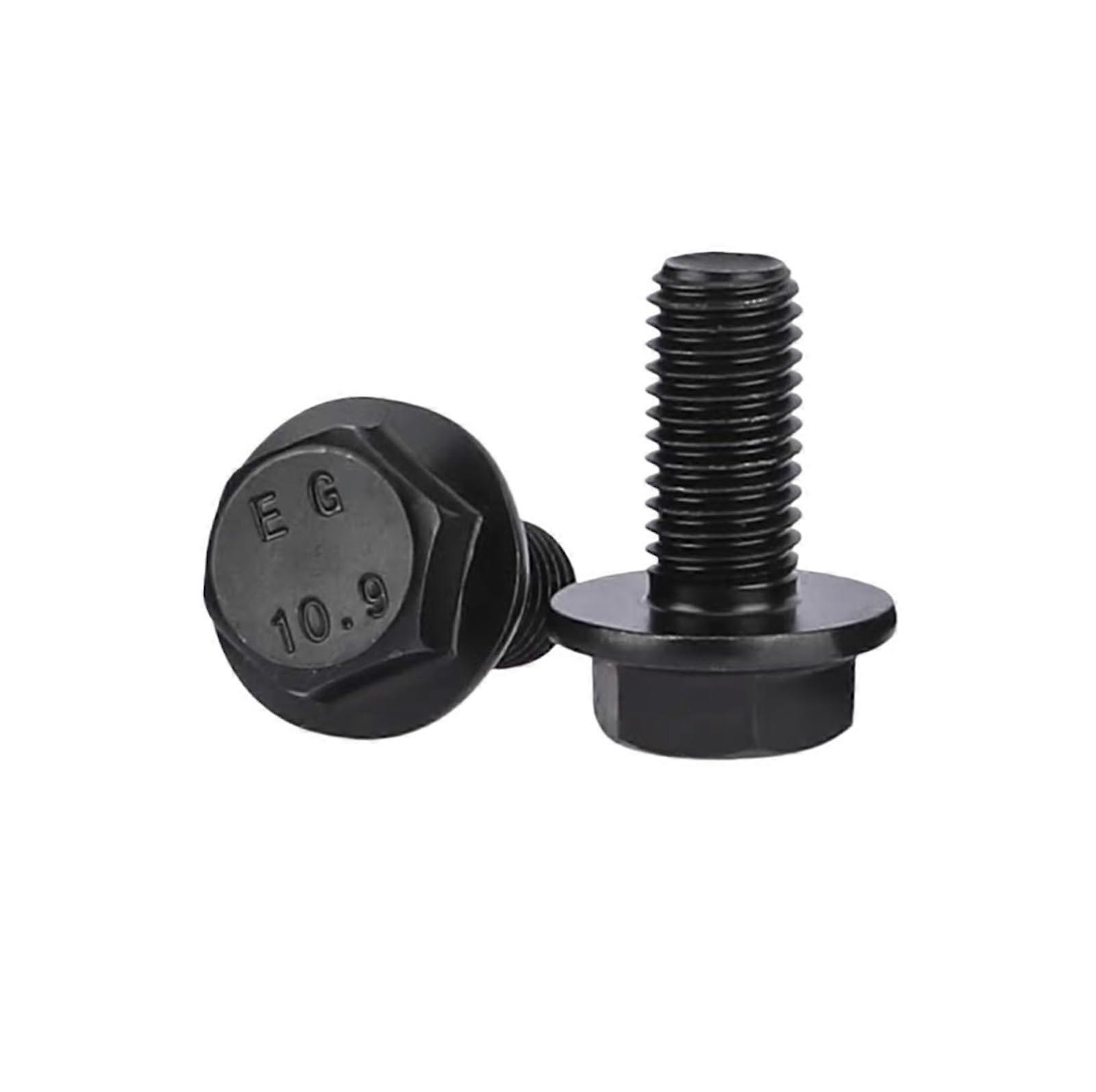M6 x 12-25 mm Hexagon Bolts with Flange, Blackened Alloy Steel, Full Thread, Large Flange Washer Head, 5 Pieces