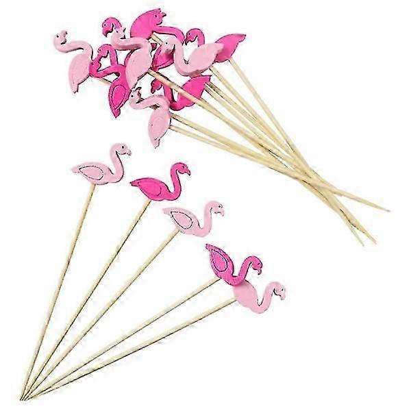 100 Pieces Flamingo Cocktail Sticks, Handmade Wooden Skewers with Flamingo