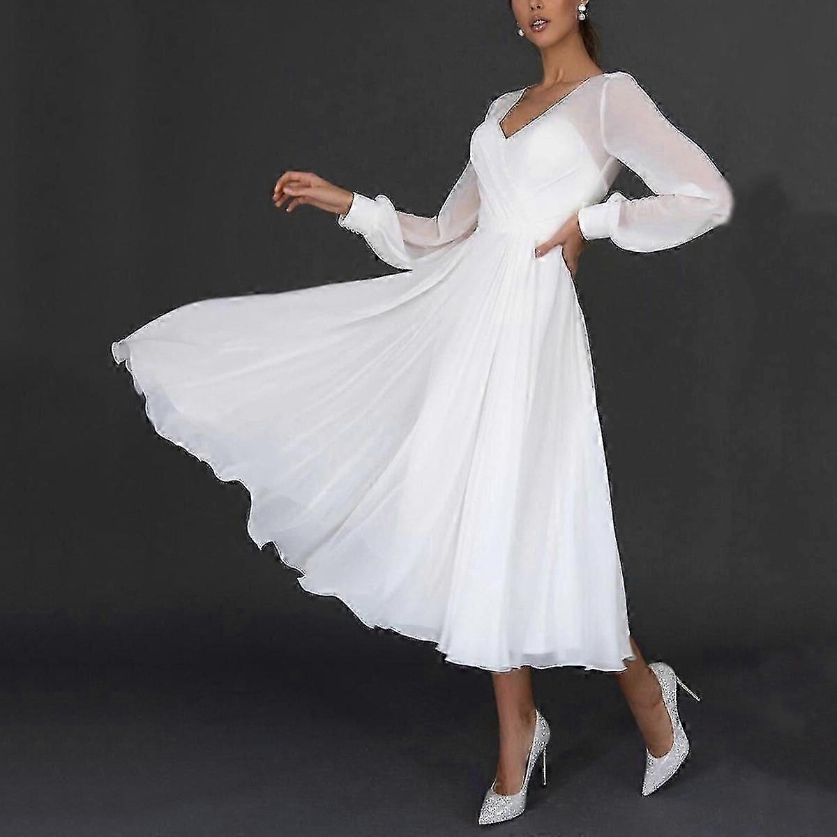 Sexy V Neck Chiffon White Midi Summer Dresses for Women Elegant Evening  Wedding Guest Party Long Sleeve Ball Gown Dress | Fruugo UK