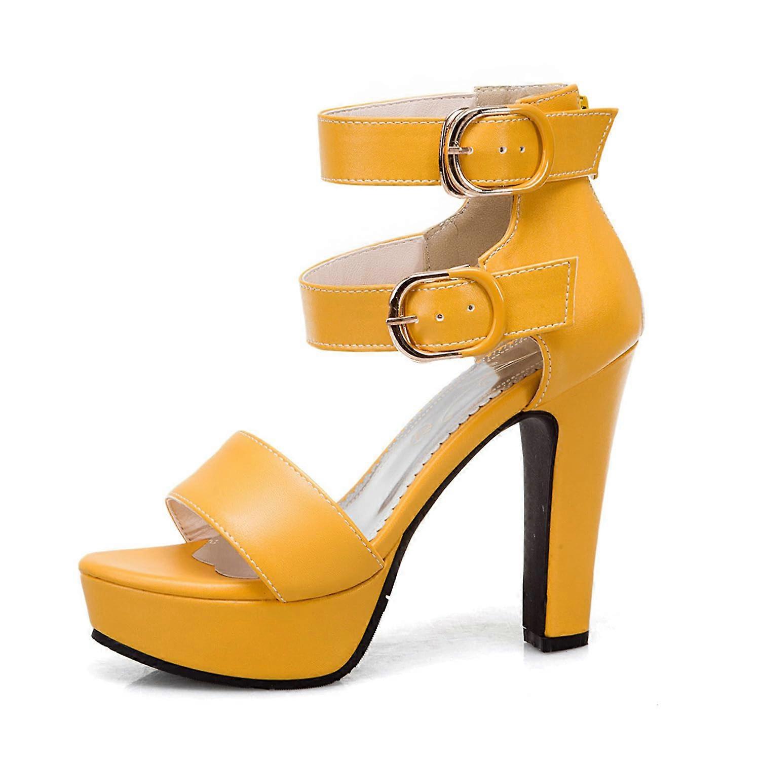 Platform Heels for Women 4.7-Inch Chunky Open-Toe Sandals With Double Ankle Strap Buckle, Yellow, Size 37, Block Heel